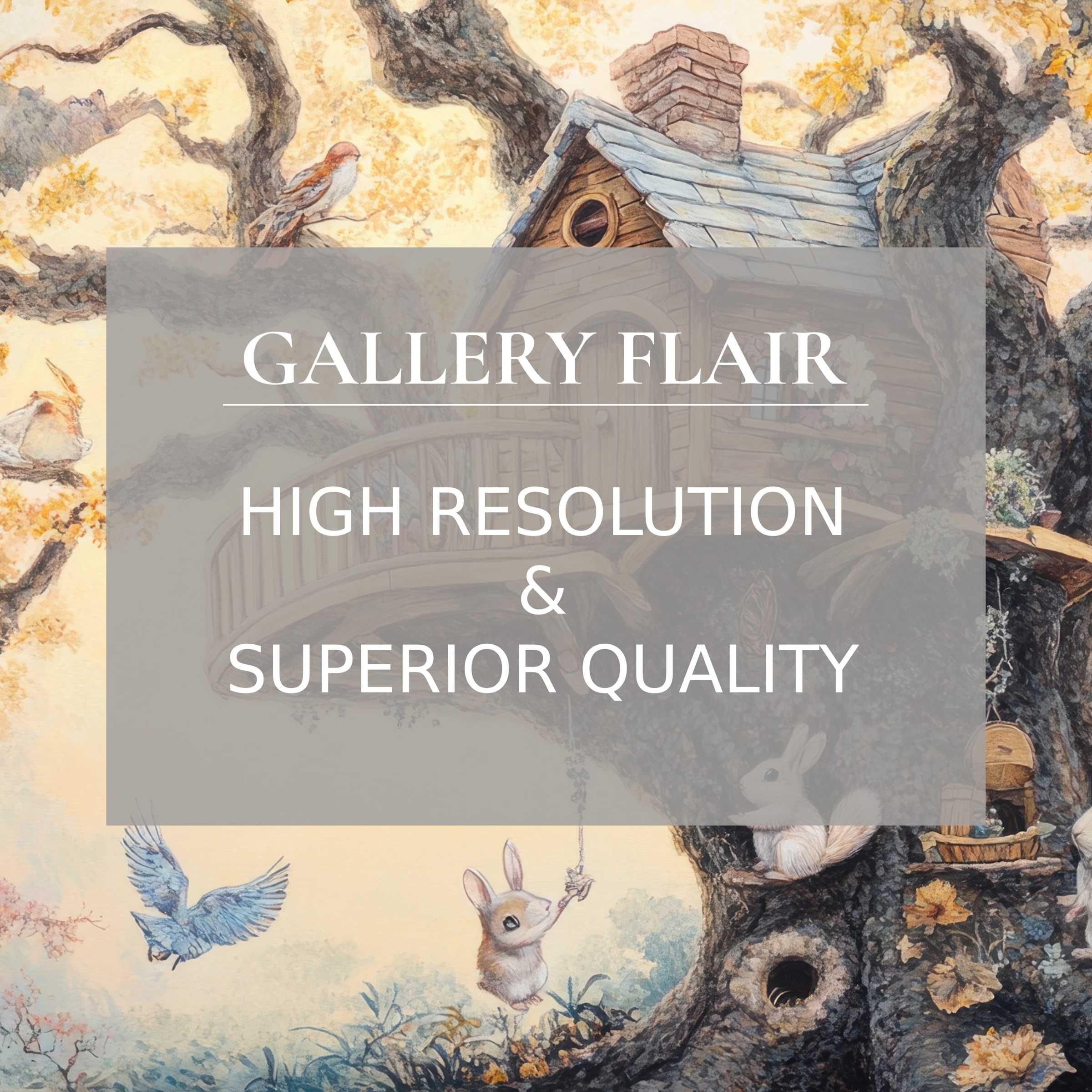 Enchanting treehouse scenery wallpaper for Mac and PC, offers a high-resolution digital download, perfect for serene home offices