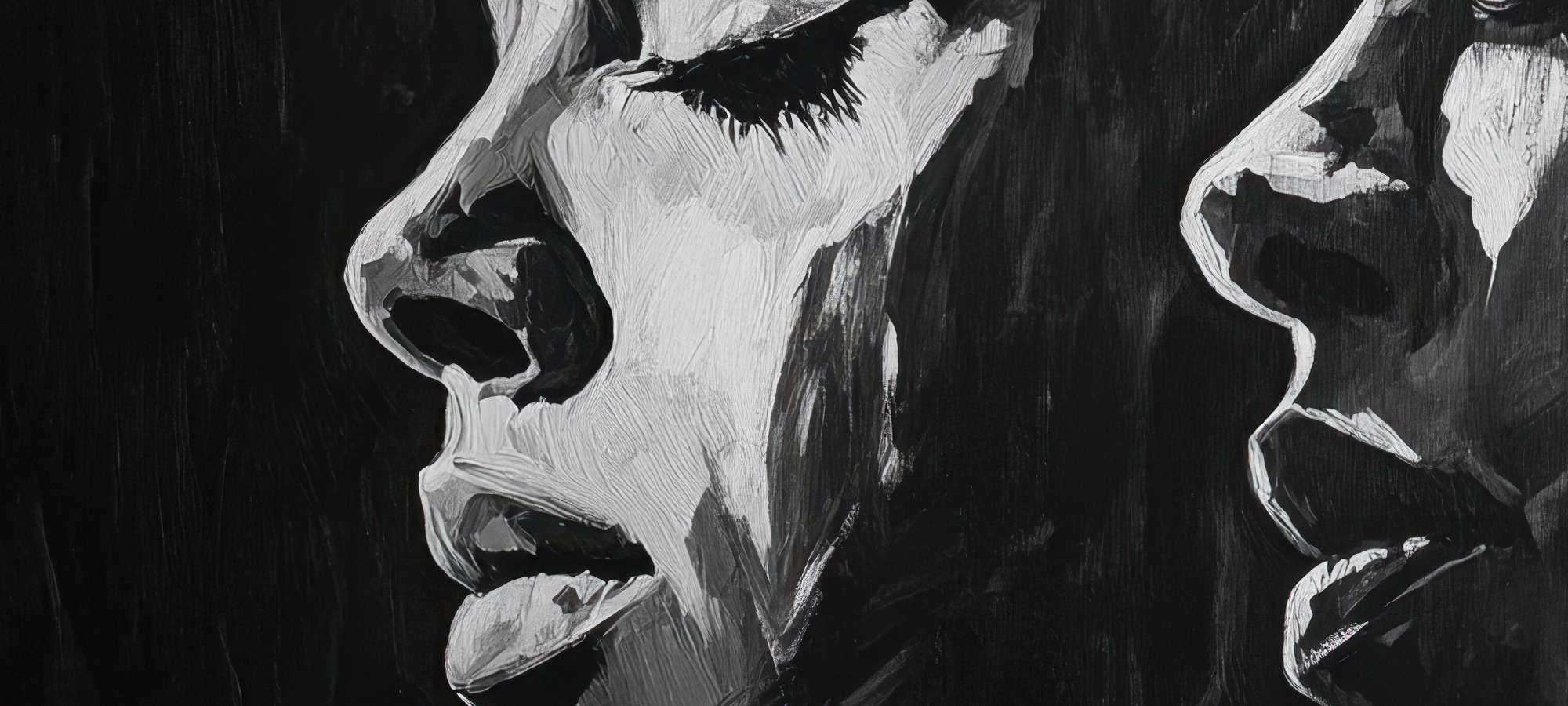 Close-up of abstract black and white frame TV art with textured brushstrokes and shadows