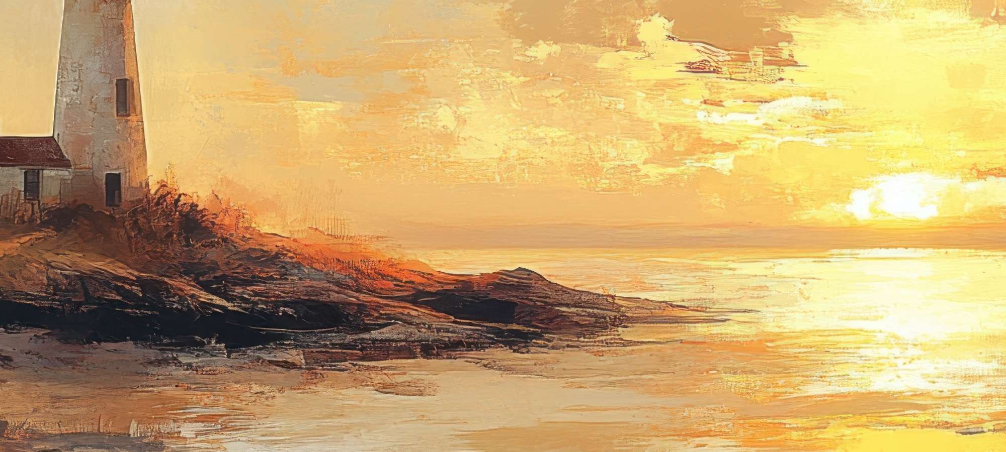 Close-up of coastal printable wall art with warm tones and sunset over rocky shorelines