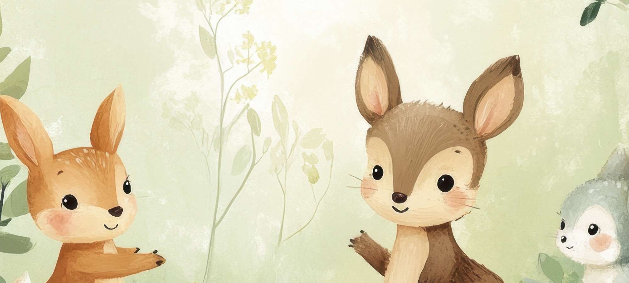 Cute animal characters and foliage in nursery iPhone wallpapers with pastel colors