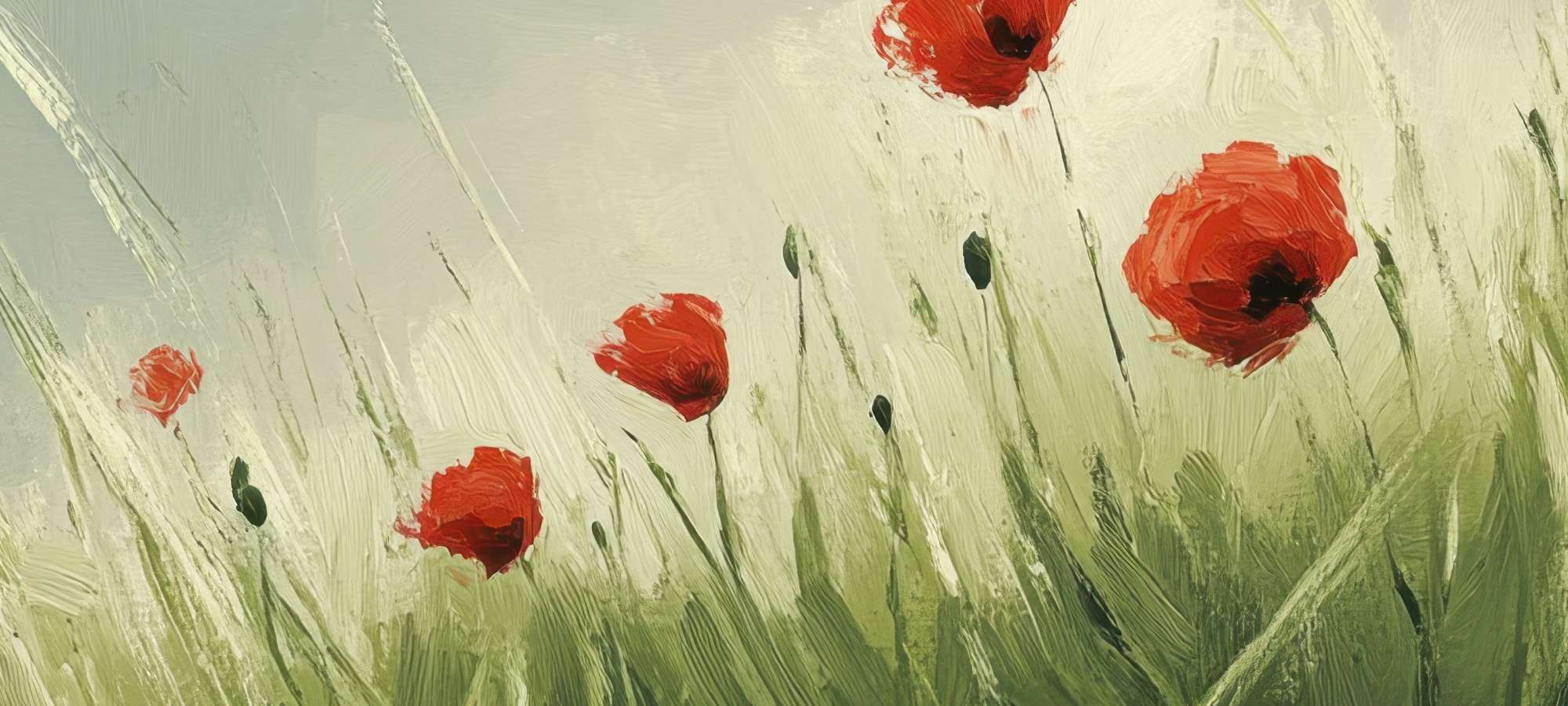 Close-up of abstract spring frame TV art with red poppies and textured green strokes