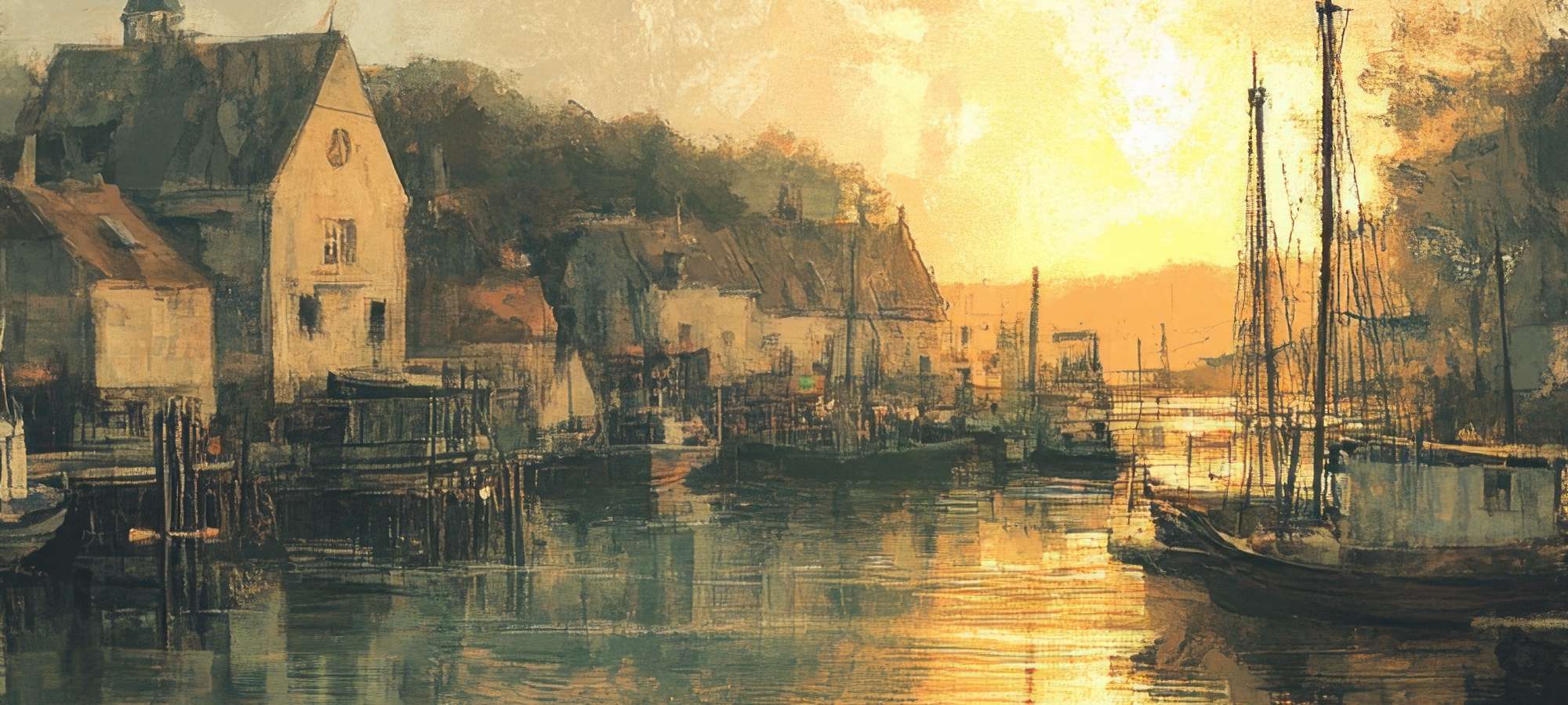 Vintage frame TV art with warm tones, textured brushstrokes, and serene water reflections