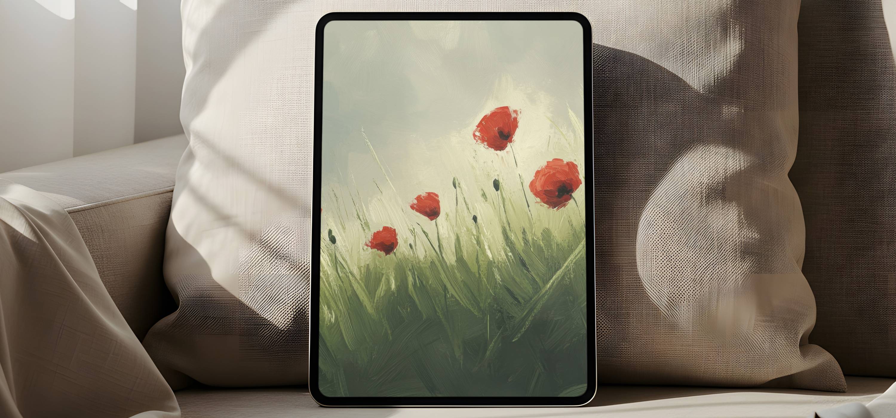 Soft floral iPad wallpaper featuring red poppies in a painterly green field, displayed in a calm, minimalist living space.