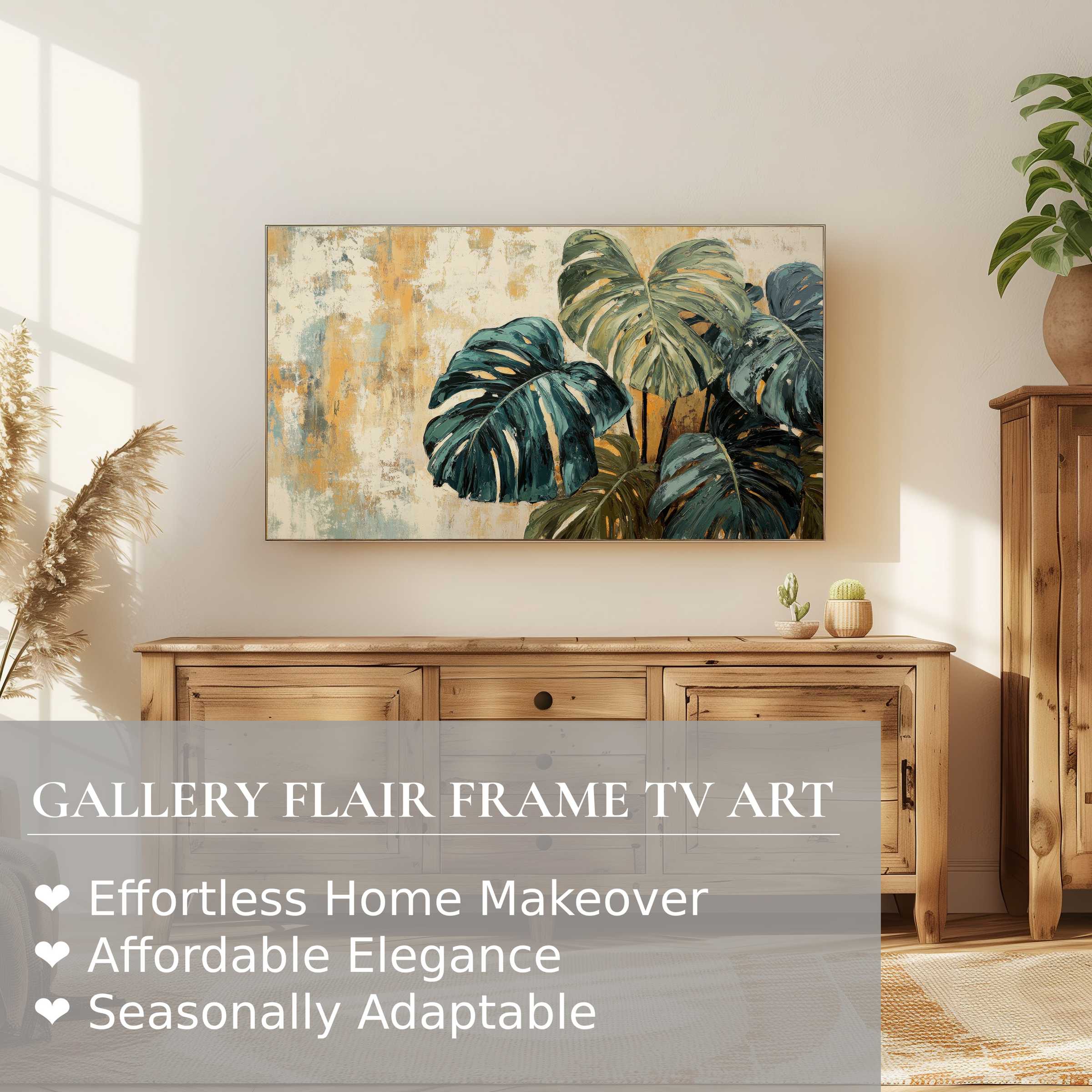 Modern living room with natural wood tones, Samsung Frame TV displaying elegant botanical digital artwork