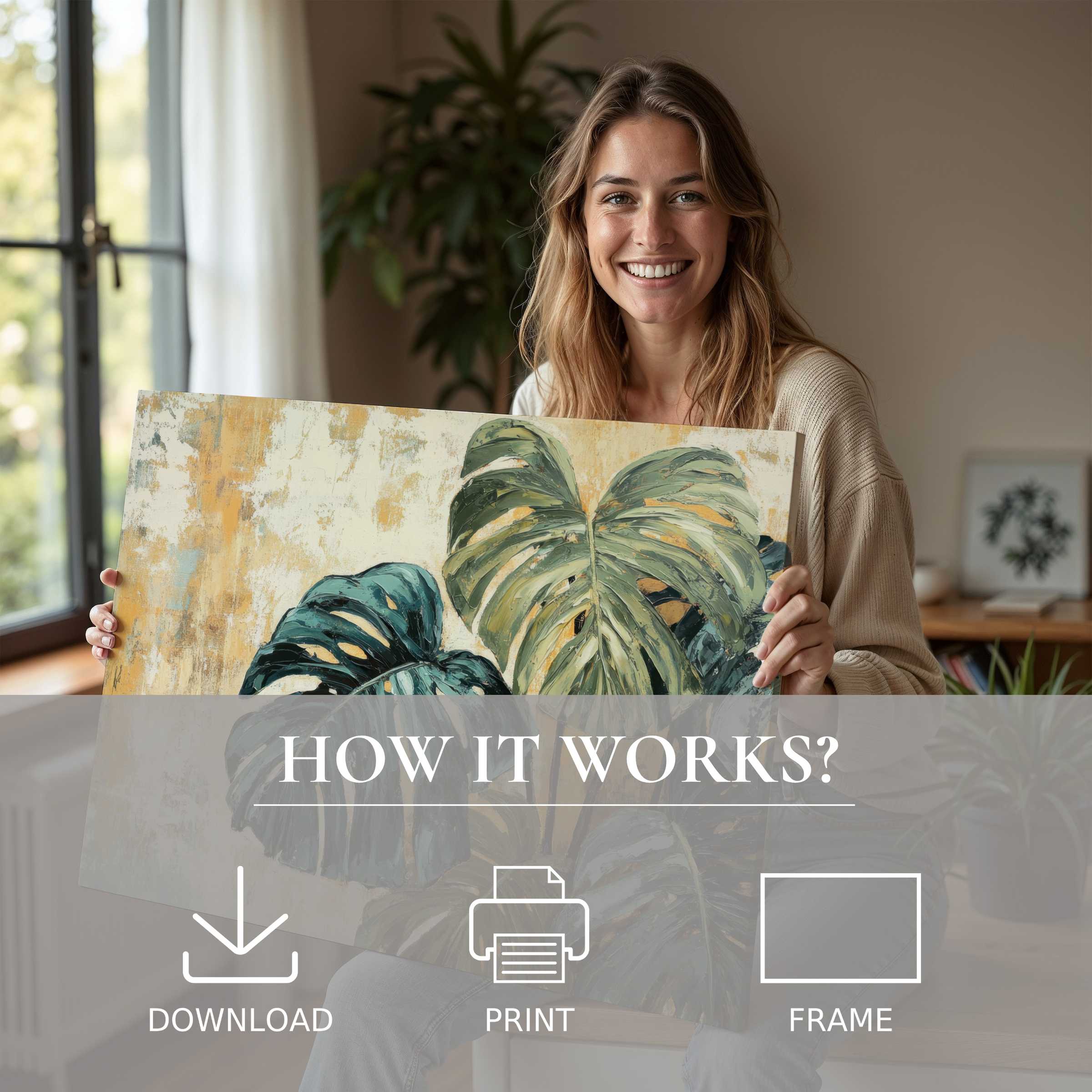 A joyful moment of serene connection as a woman embraces a botanical digital art print in a chic, sunlit living space