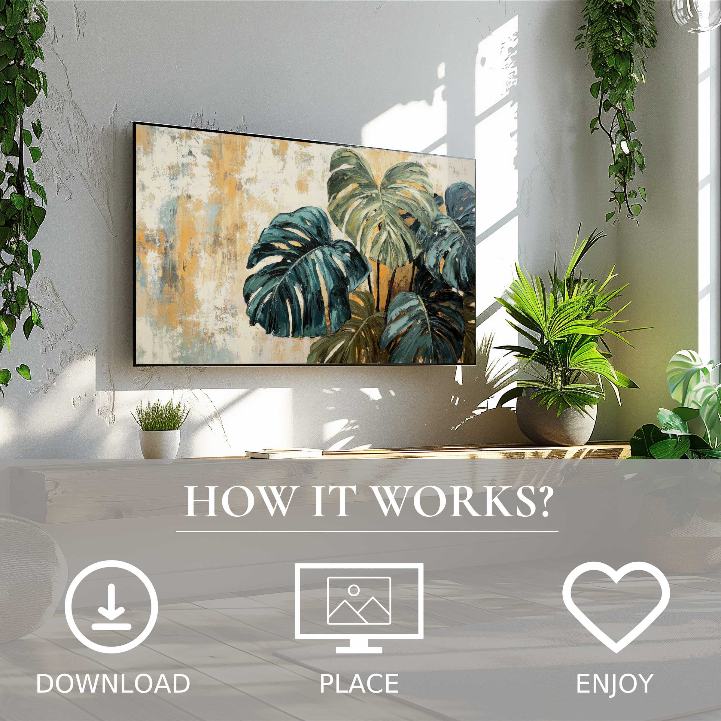 Botanical art for Samsung TV with soft earth tones and leaves, easy digital download enriches modern living spaces