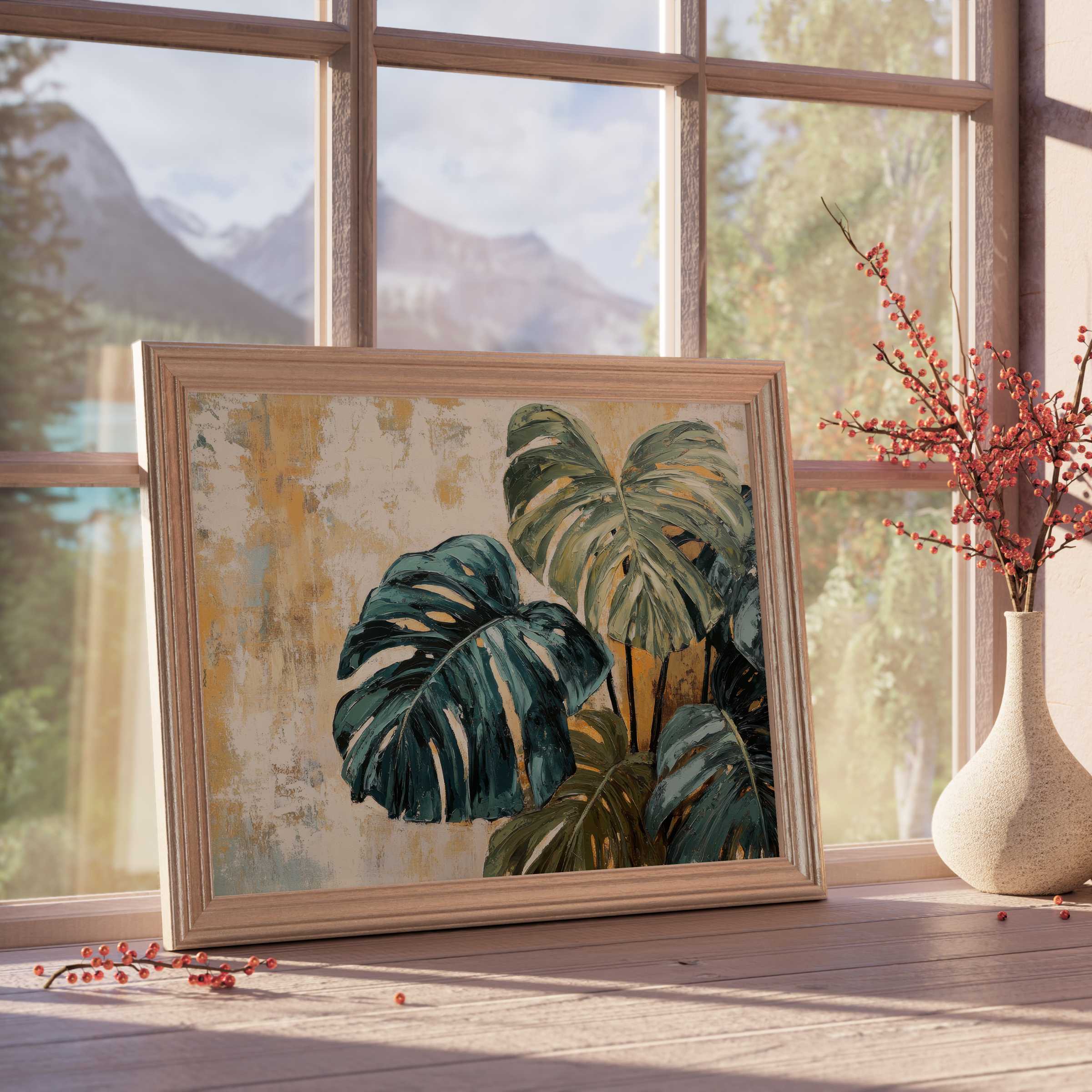 Botanical downloadable art with lush monstera leaves, elevating calm, curated interiors with earthy elegance and timeless charm