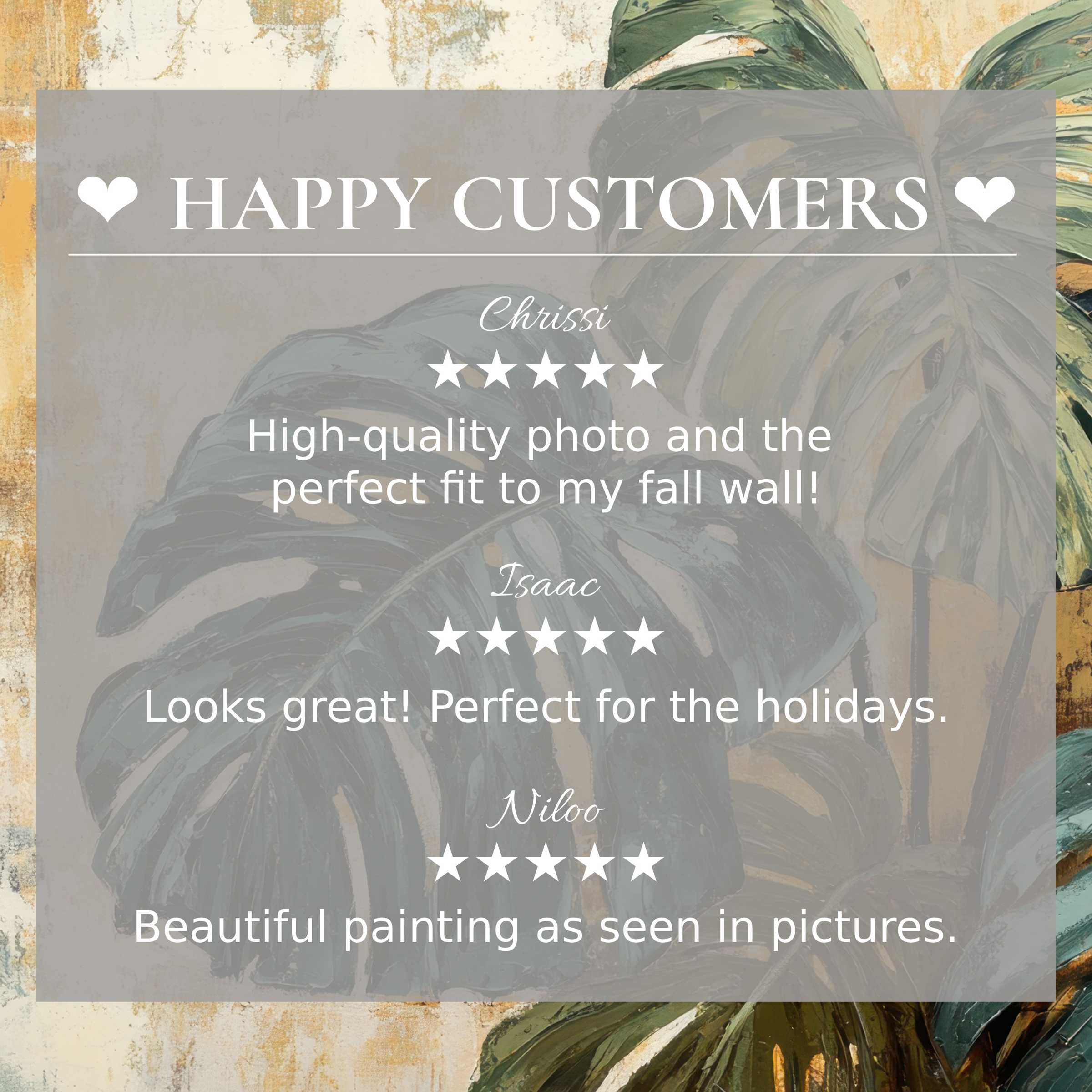 Botanical art for Frame TV with lush leaves on a warm textured background Happy customer reviews build trust