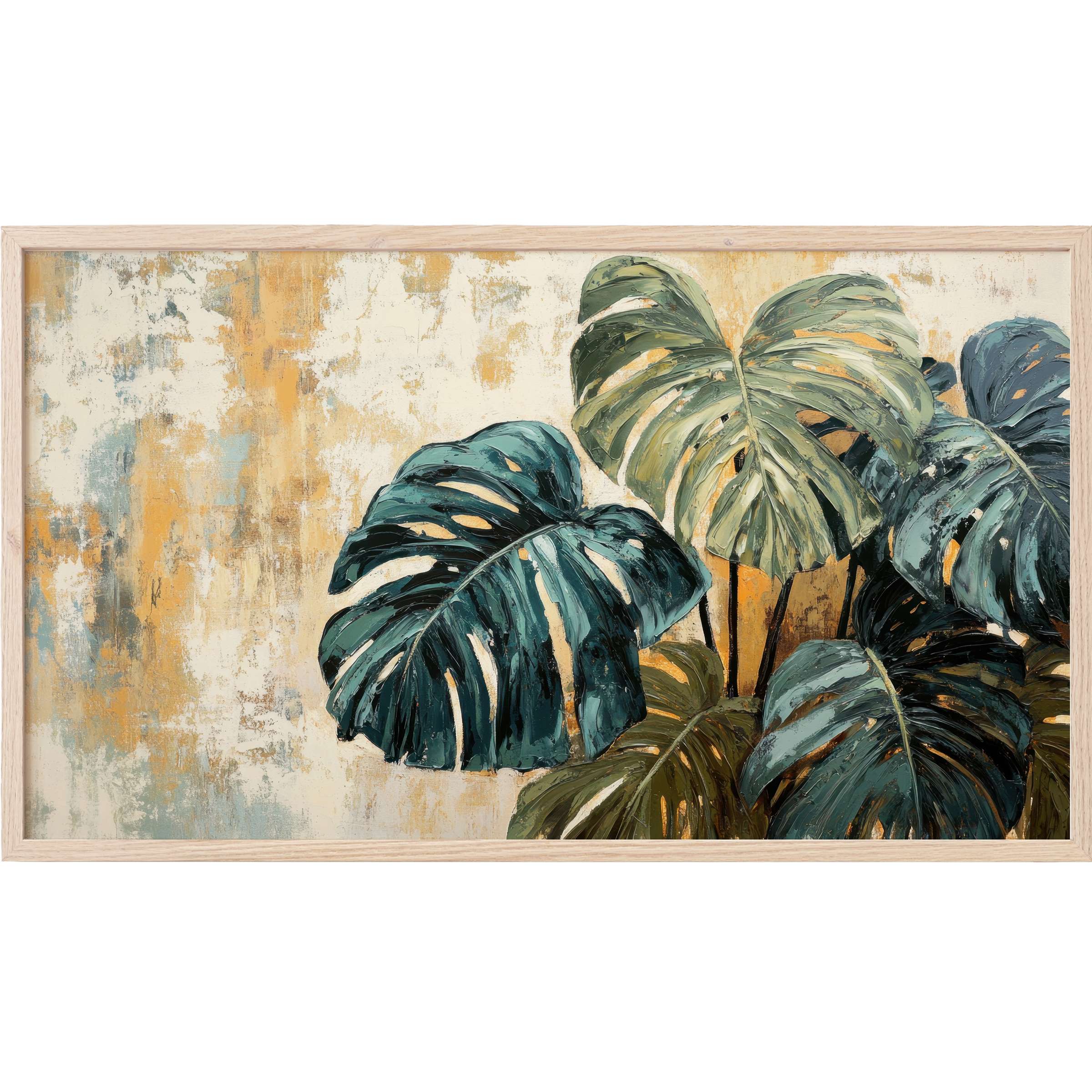 Elegant botanical Frame TV Art featuring textured green and teal monstera leaves on a muted gold and cream abstract backdrop