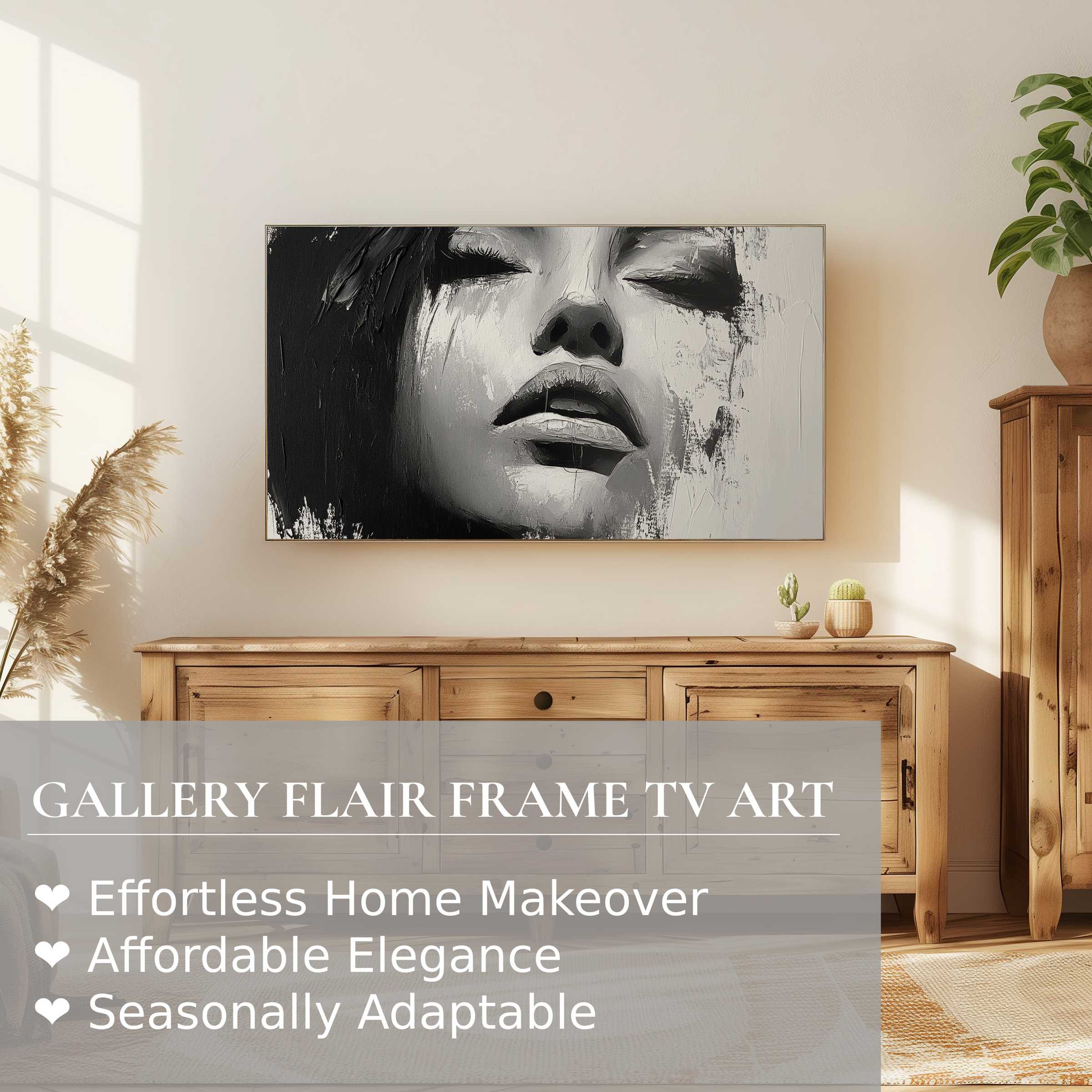 Samsung Frame TV displaying black and white digital artwork of a serene female face in a modern, natural setting