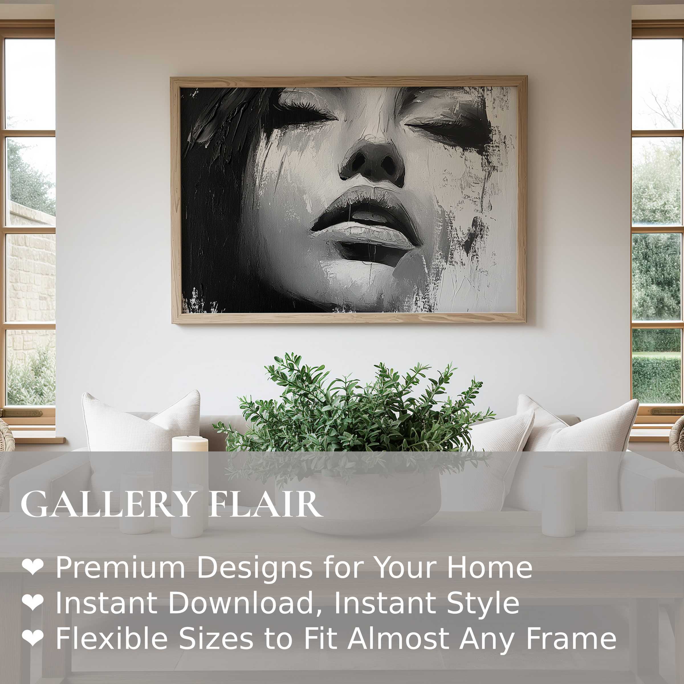 Black and white wall art print of an evocative female face, blending bold texture and soft emotion in a serene modern living space