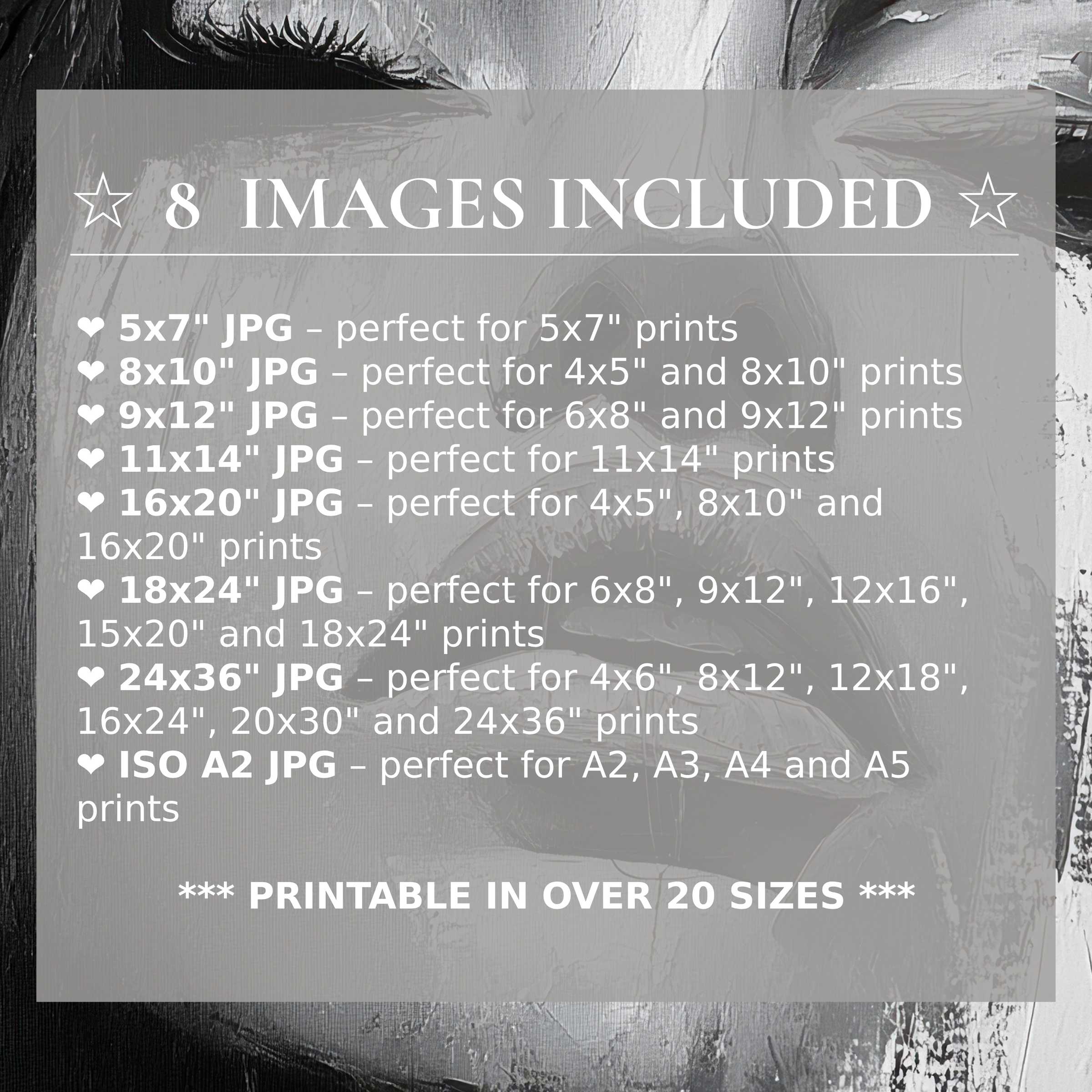 Bold black and white digital print radiates timeless elegance with 8 high-quality sizes included, elevating modern interiors with versatile sophistication