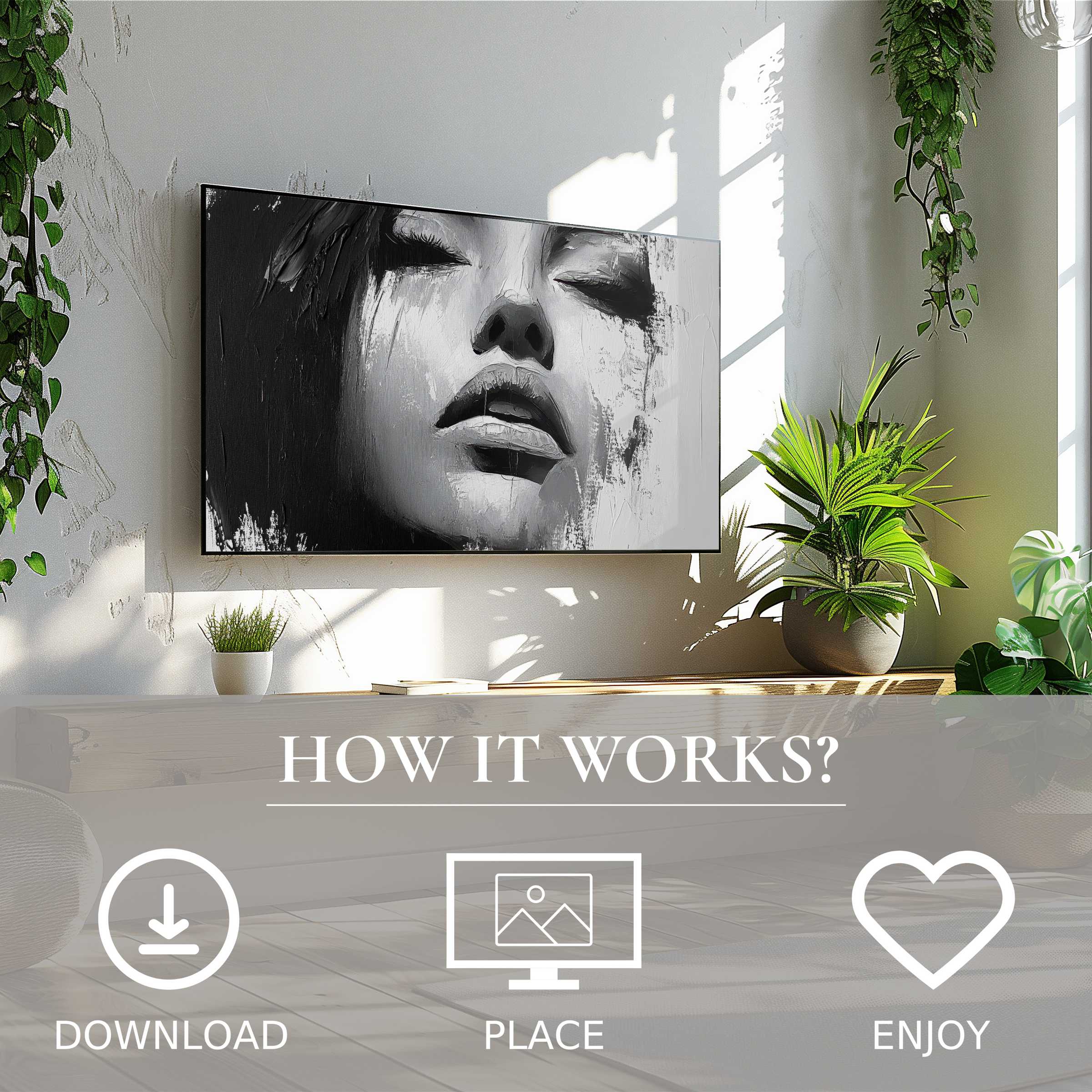 Black and white art for Samsung TV shows abstract face motif, digital download enriches modern, bright living spaces with ease