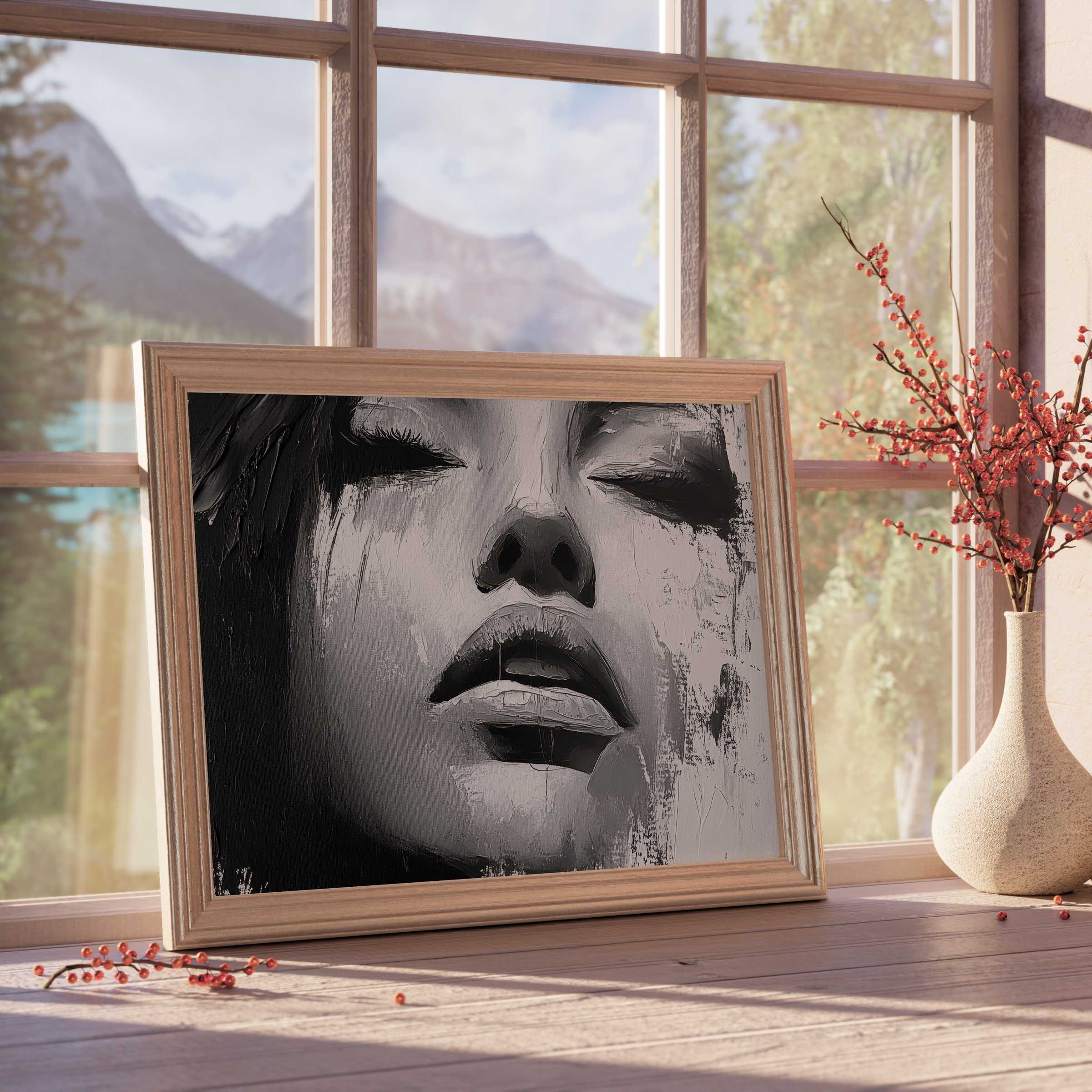 Black and white downloadable art capturing serene vulnerability, perfect for elevating tranquil, curated modern interiors