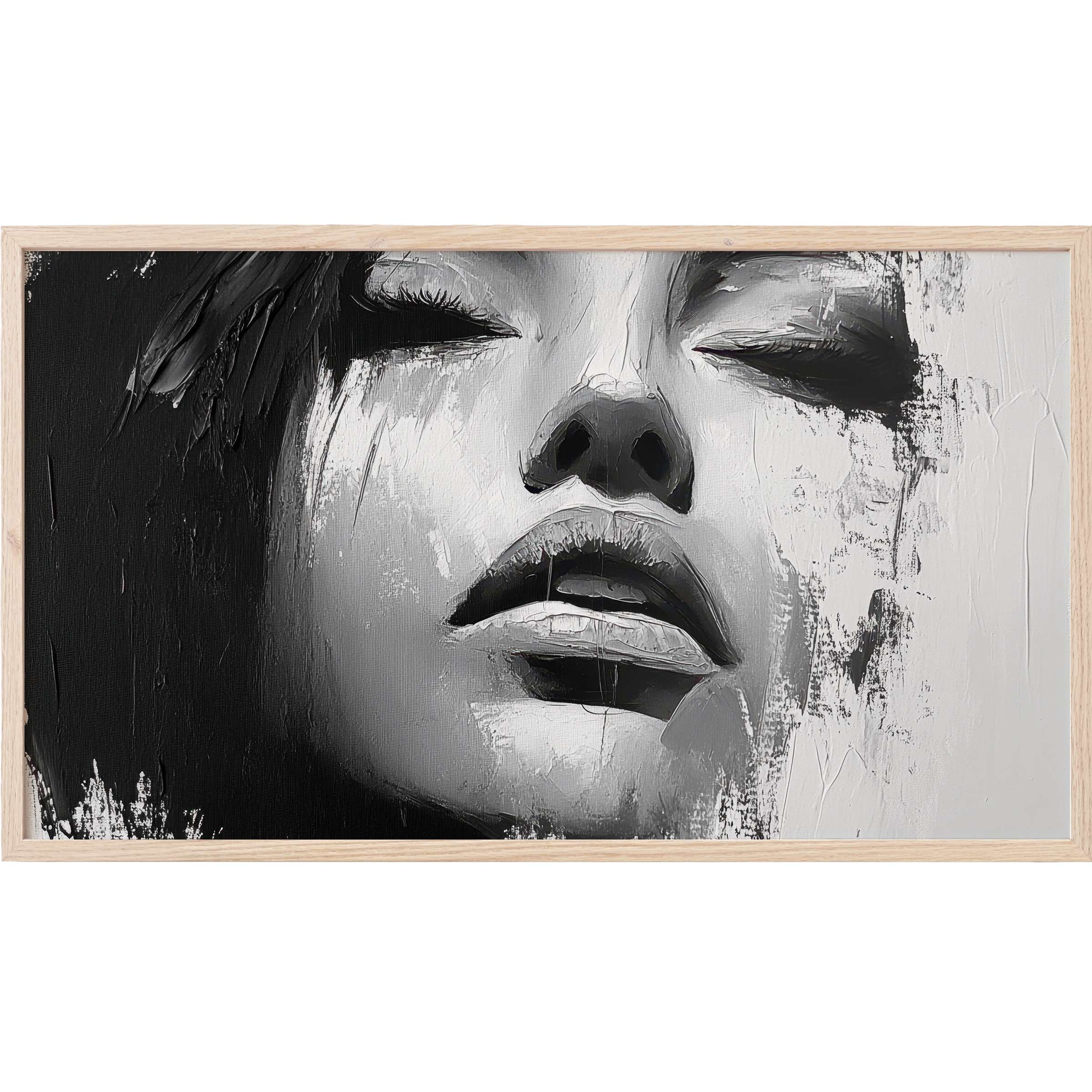 Black and white Frame TV Art depicting a textured, close-up female face with expressive brushstrokes
