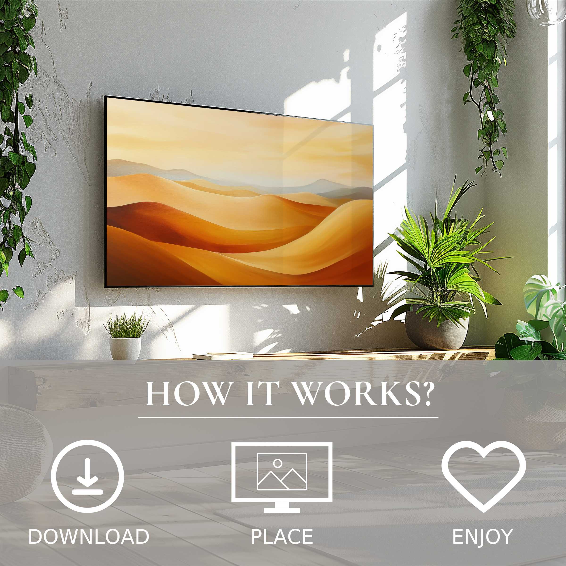 Modern art for Samsung TV shows soft sunset tones on The Frame, easy digital download enriches stylish living spaces