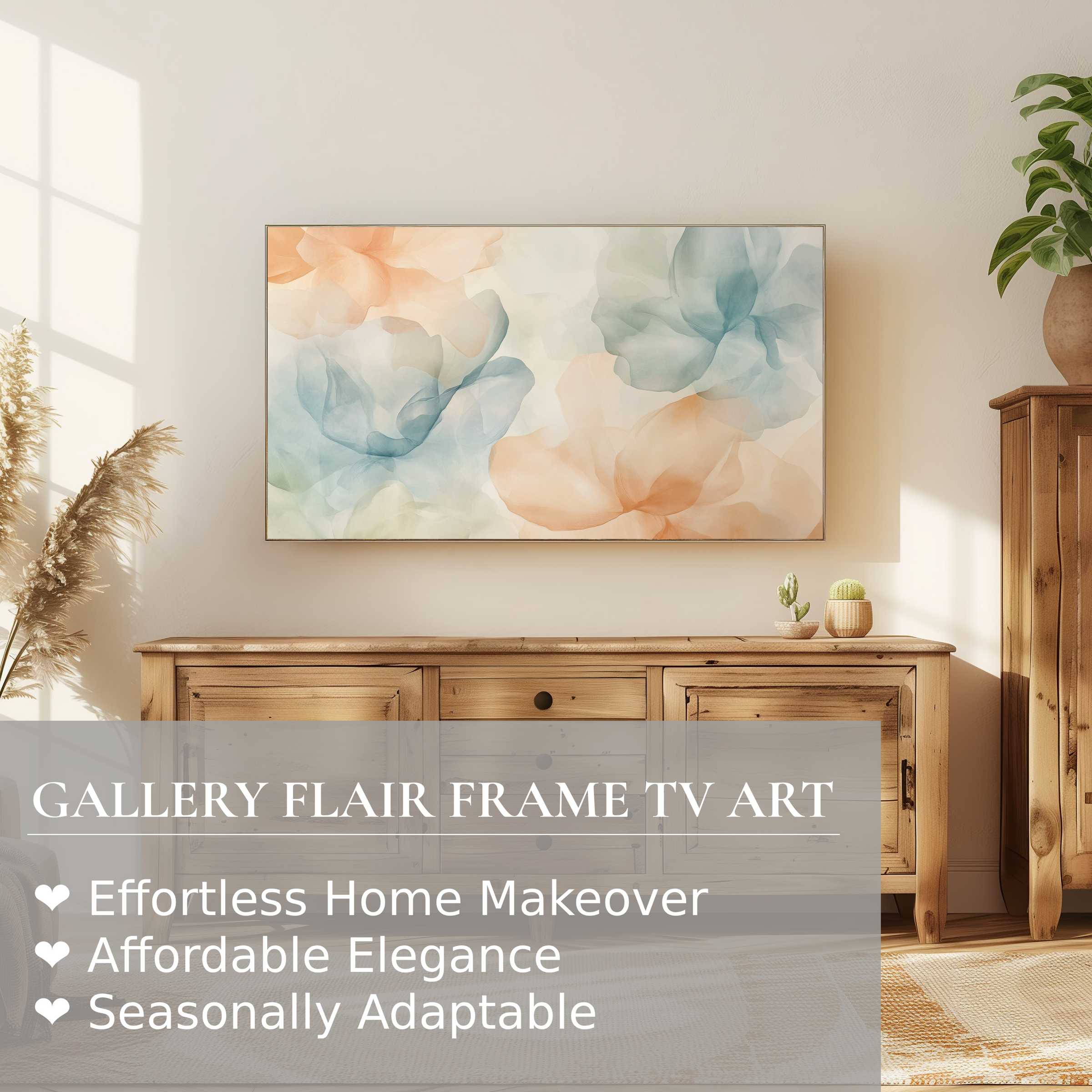 Samsung Frame TV displays elegant floral digital artwork in soft hues within a warm, modern home setting
