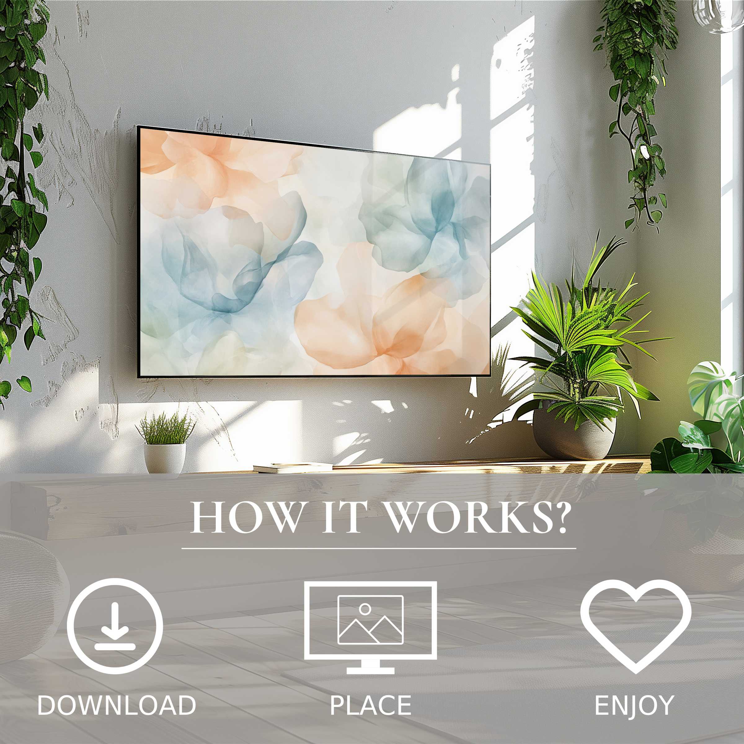 Floral art for Samsung TV shows soft sunset tones in a bright, green space; easy digital download enhances modern decor