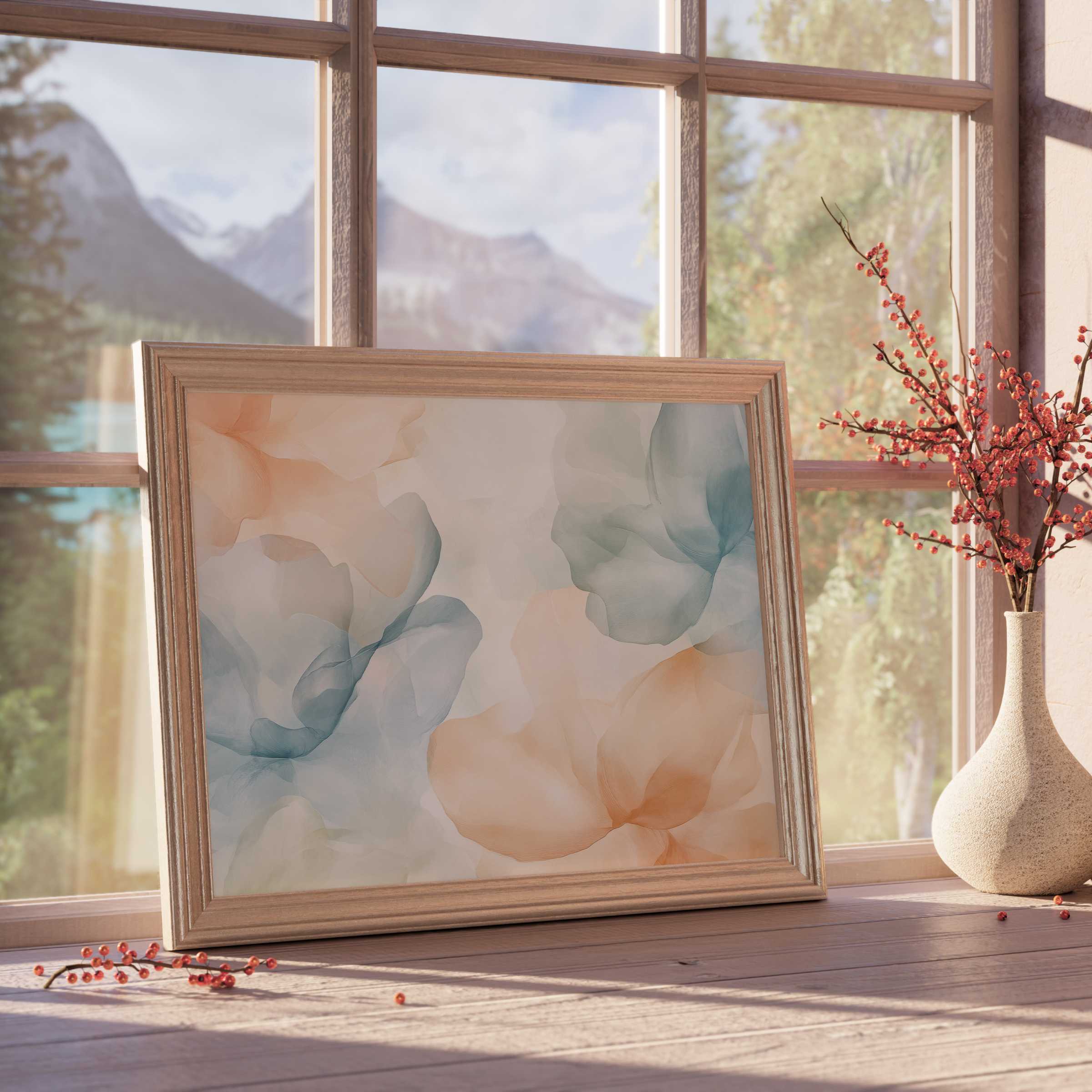 Ethereal floral downloadable art in soft blues and peaches, elevating tranquil, curated interiors with serene elegance and refined warmth