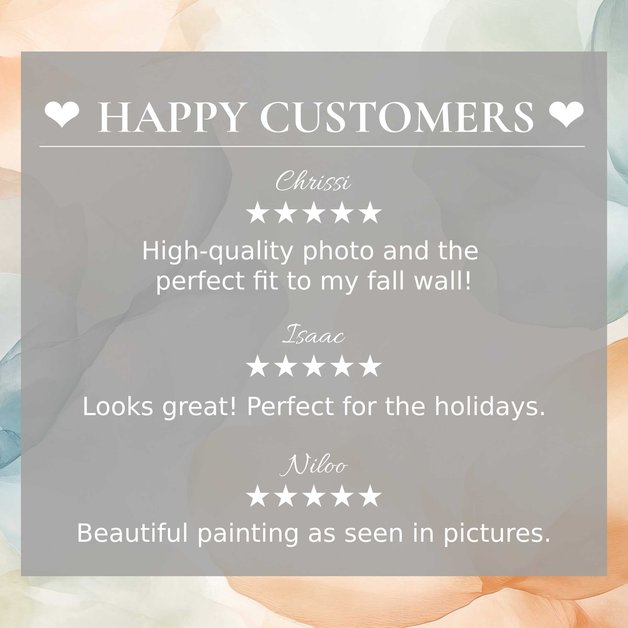 Refined floral art for Frame TV with abstract sunset hues, showcasing glowing reviews and happy customer trust