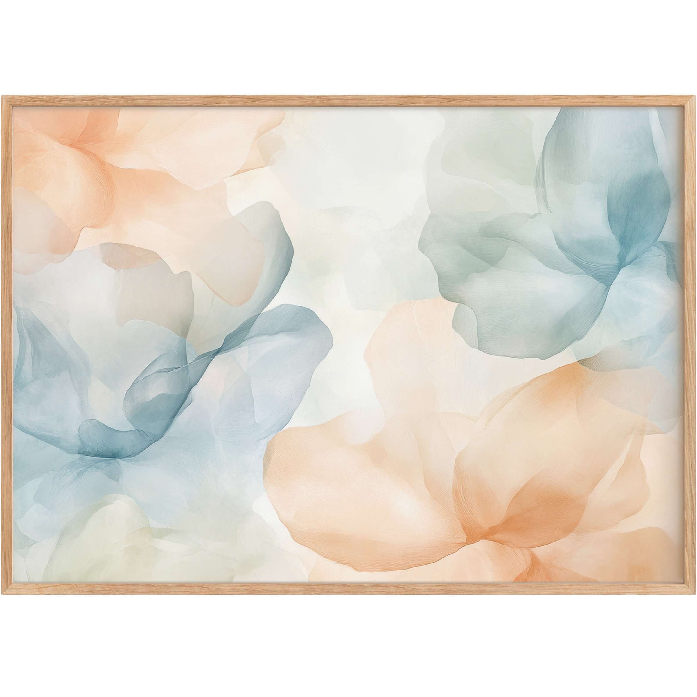 Ethereal floral printable wall art in soft blues and warm peaches, evoking a serene, airy ambiance that enhances refined living spaces