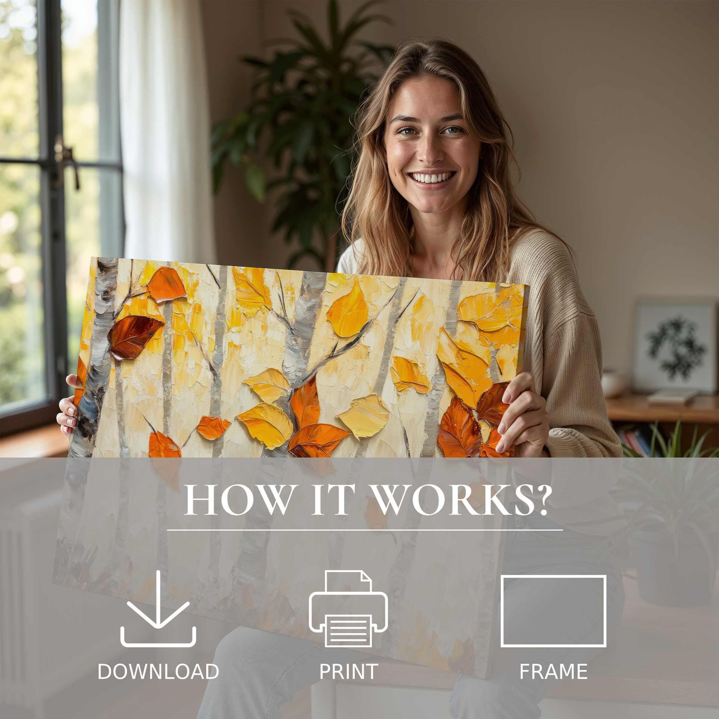 A radiant moment of joy in a stylish home, embracing a tree digital art print with warm autumn hues, celebrating effortless connection with art