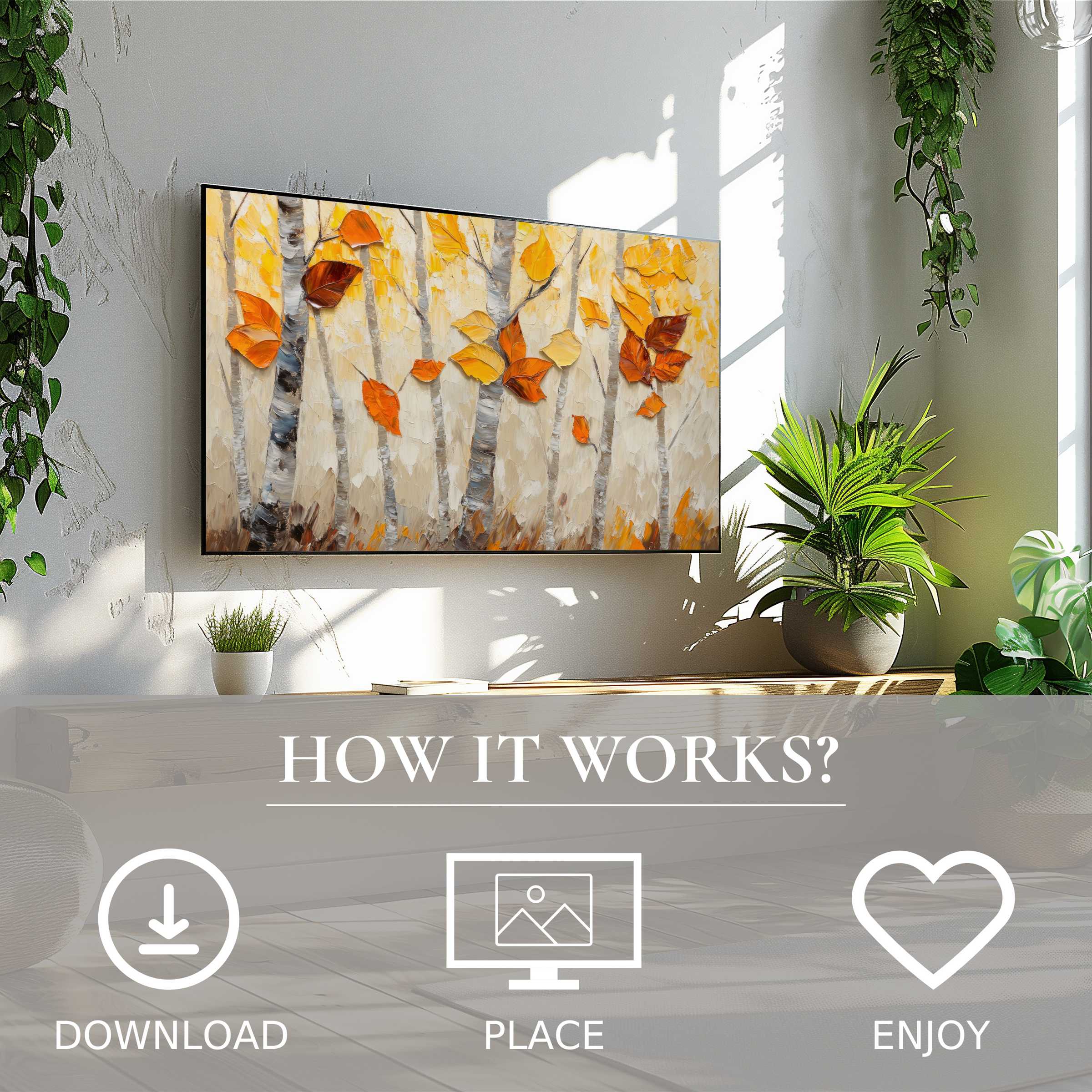 Bright trees art for Samsung TV in warm autumn hues, easy digital download enriching modern living spaces