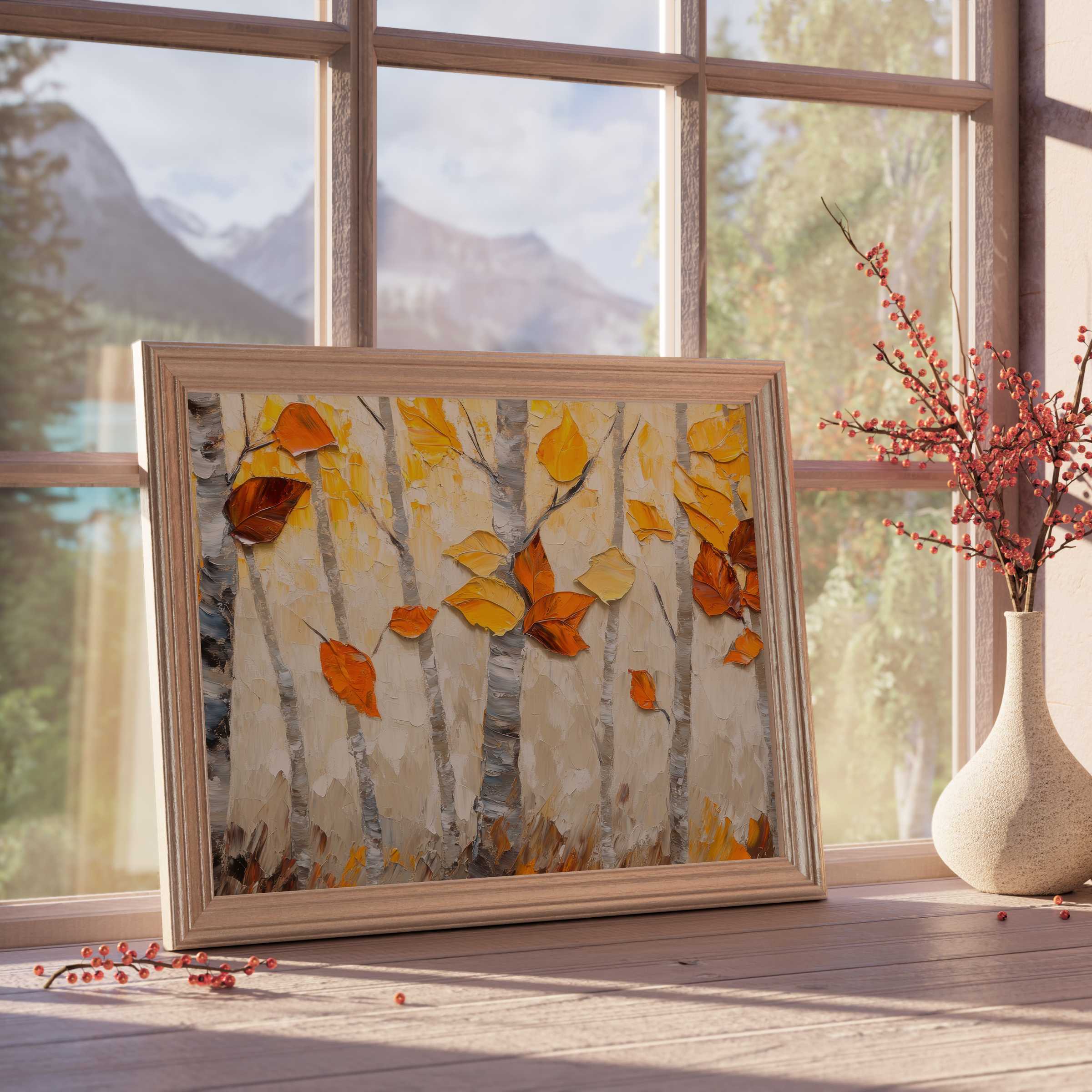 Elegant tree downloadable art with textured autumn leaves in warm ochre and burnt orange, perfect for serene, stylish interiors