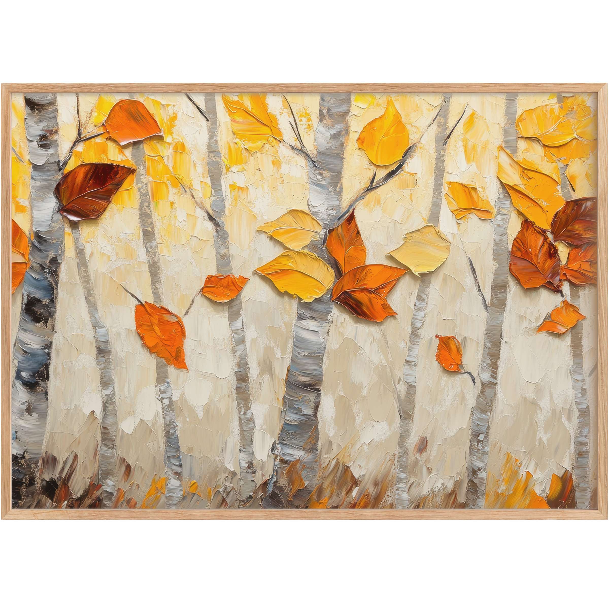 Vibrant tree printable wall art featuring textured birch trunks and fiery orange leaves, infusing spaces with warm, radiant autumn charm