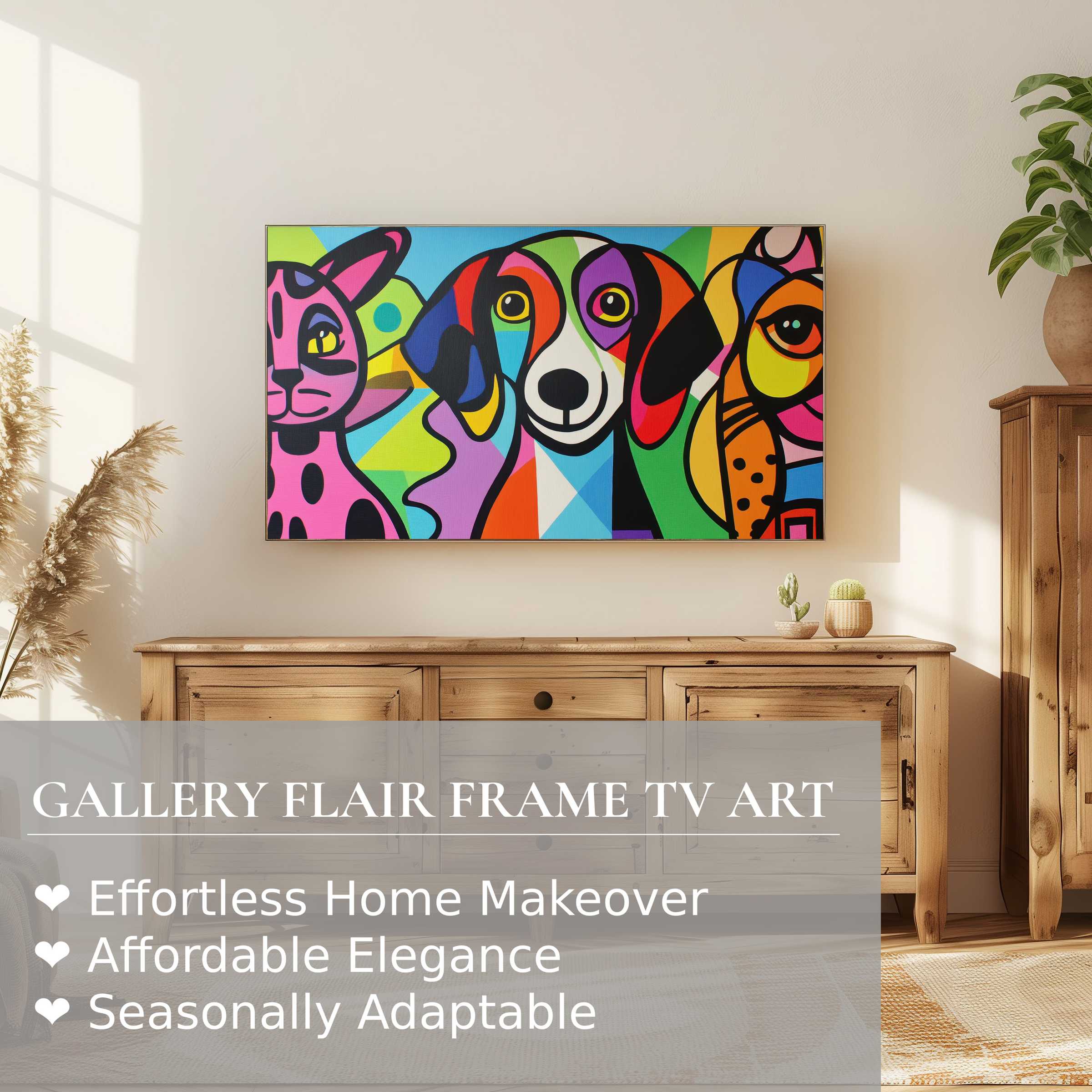 Samsung Frame TV showcasing vibrant pop art digital artwork of colorful dogs in a chic, sunlit living space