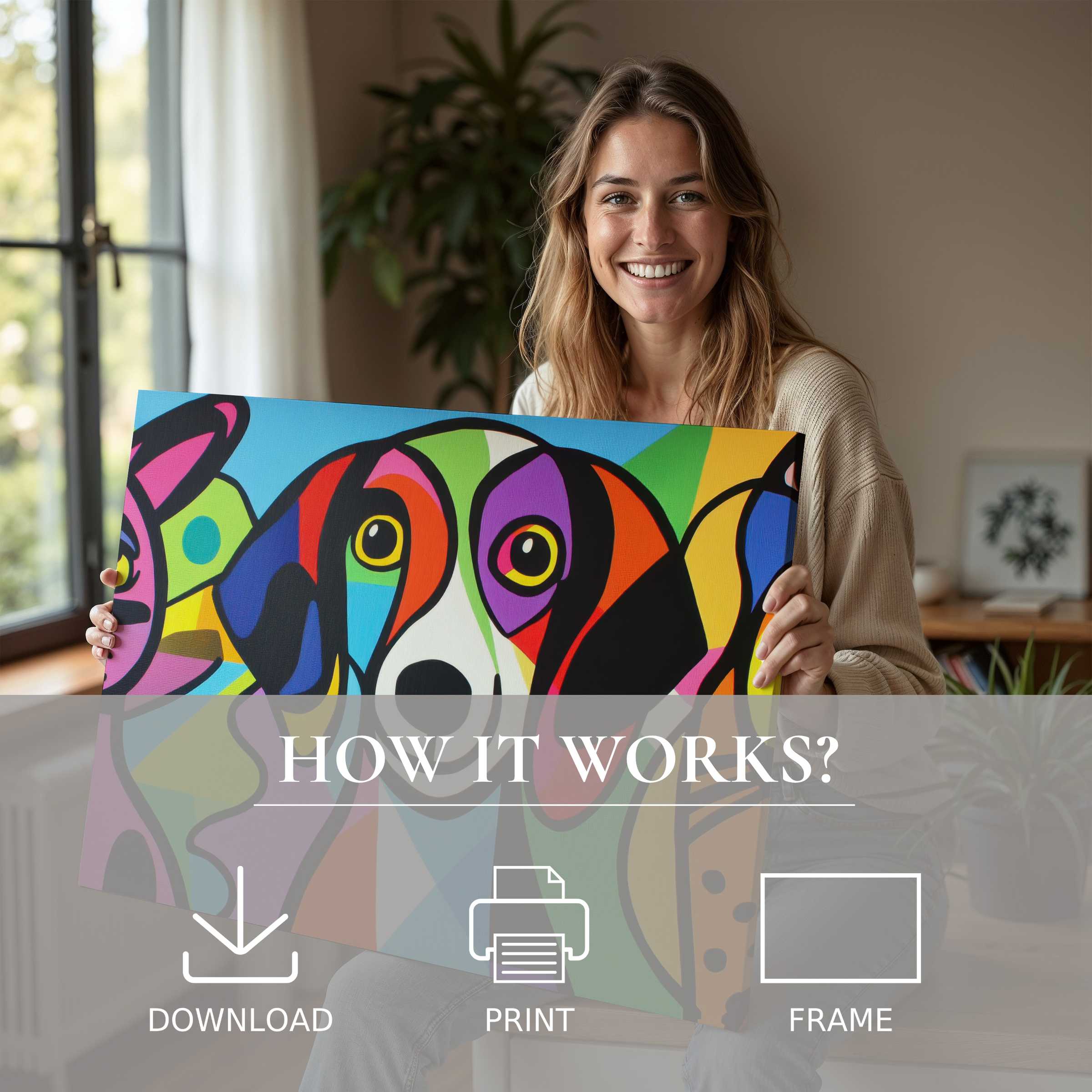 A joyful moment of serenity as vibrant pop art digital art print breathes life into a modern home, effortlessly blending color and connection