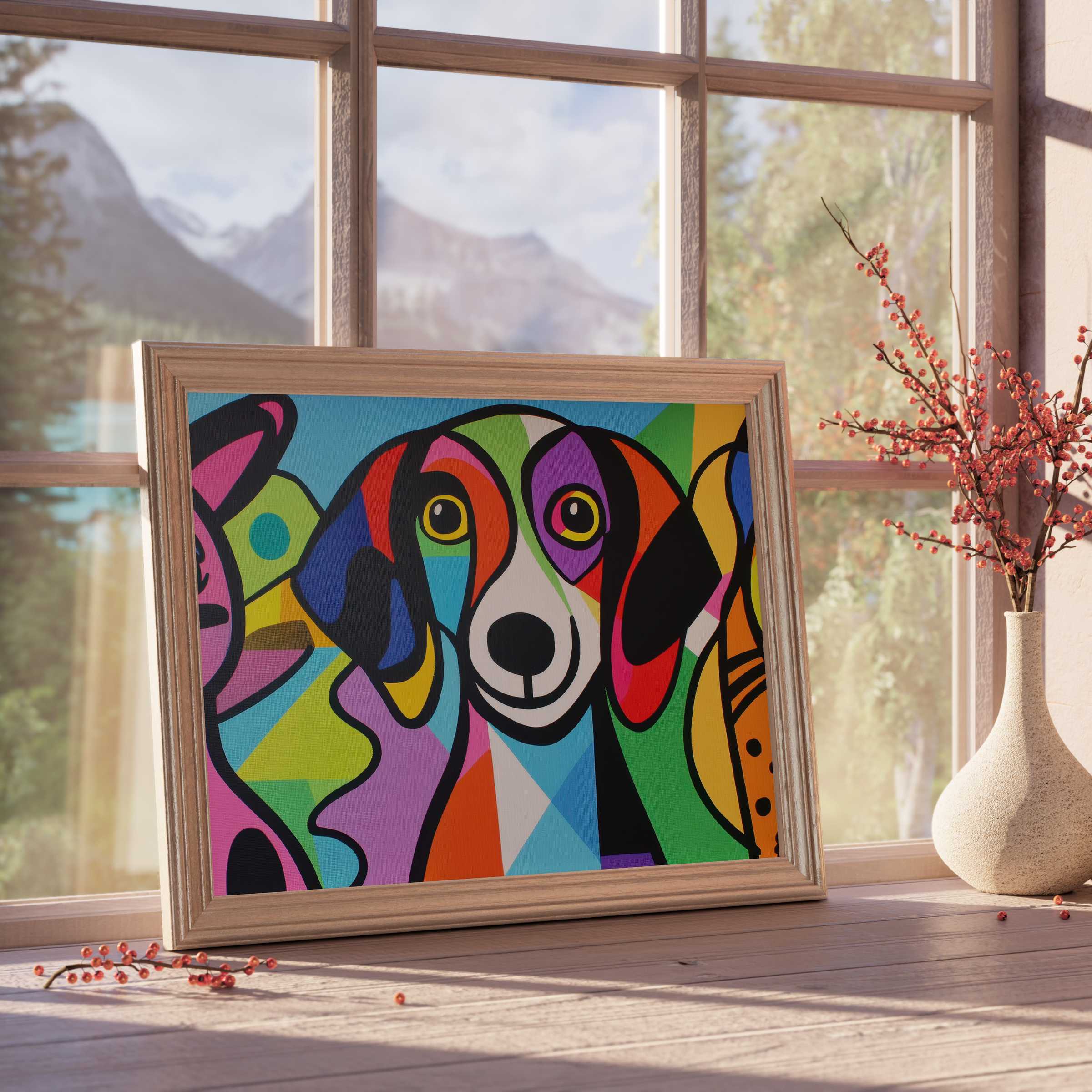 Vibrant pop art downloadable art featuring a joyful dog, infusing curated interiors with bold color and playful charm