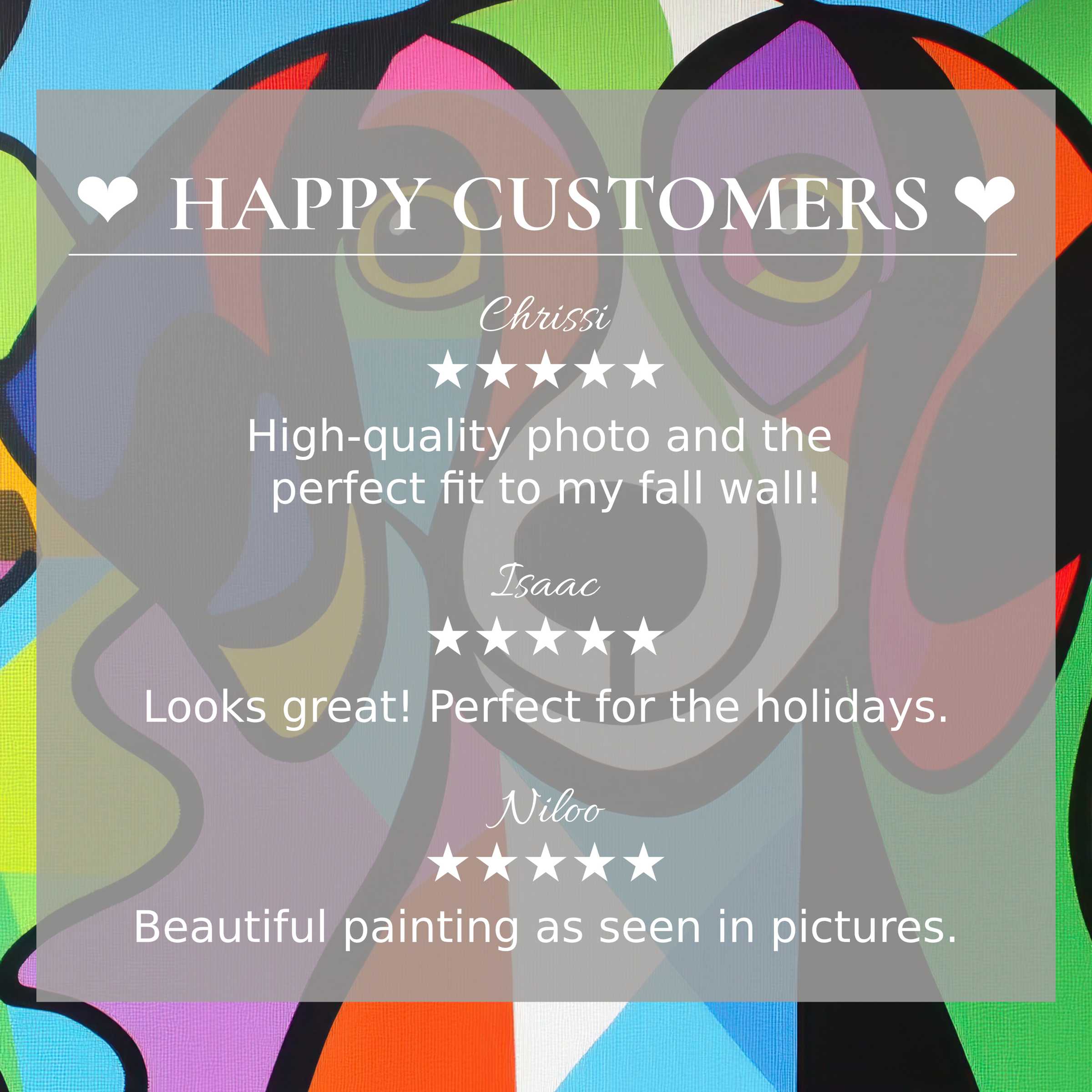 Pop art for Frame TV with abstract colorful faces; happy customer reviews build trust and highlight elegant design