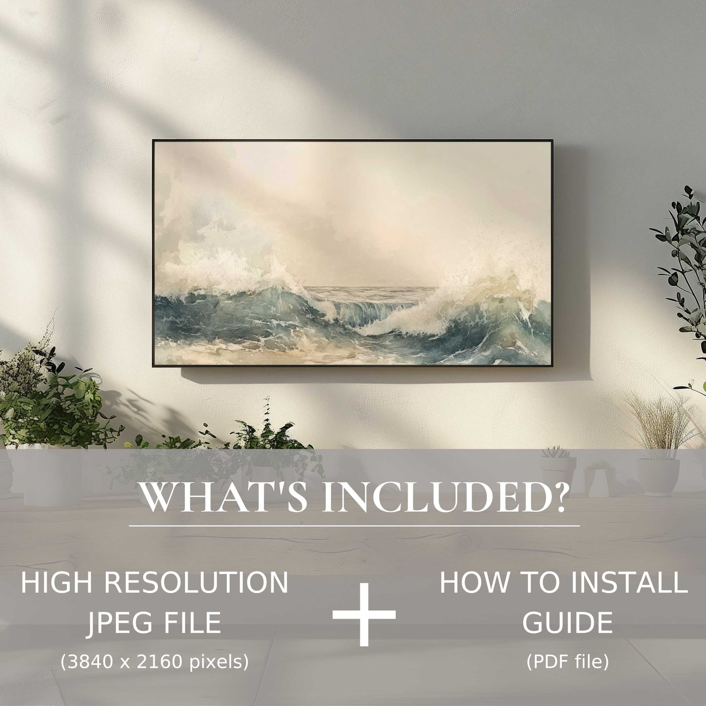 Elegant summer digital TV art download showcasing crashing waves, easily enhancing modern living spaces with high-res digital use