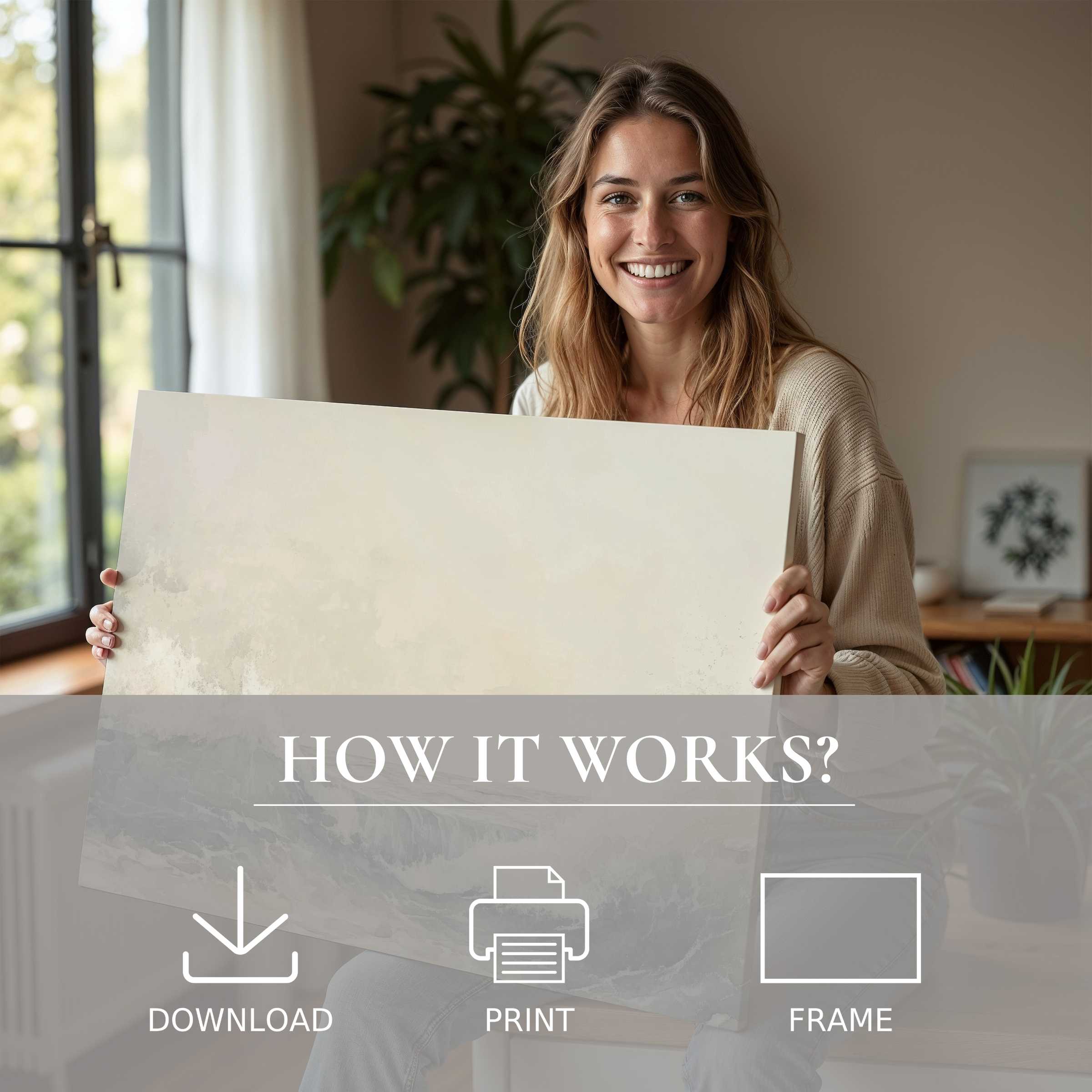 Radiant woman in serene modern home embraces the effortless joy of a summer digital art print enriching everyday living