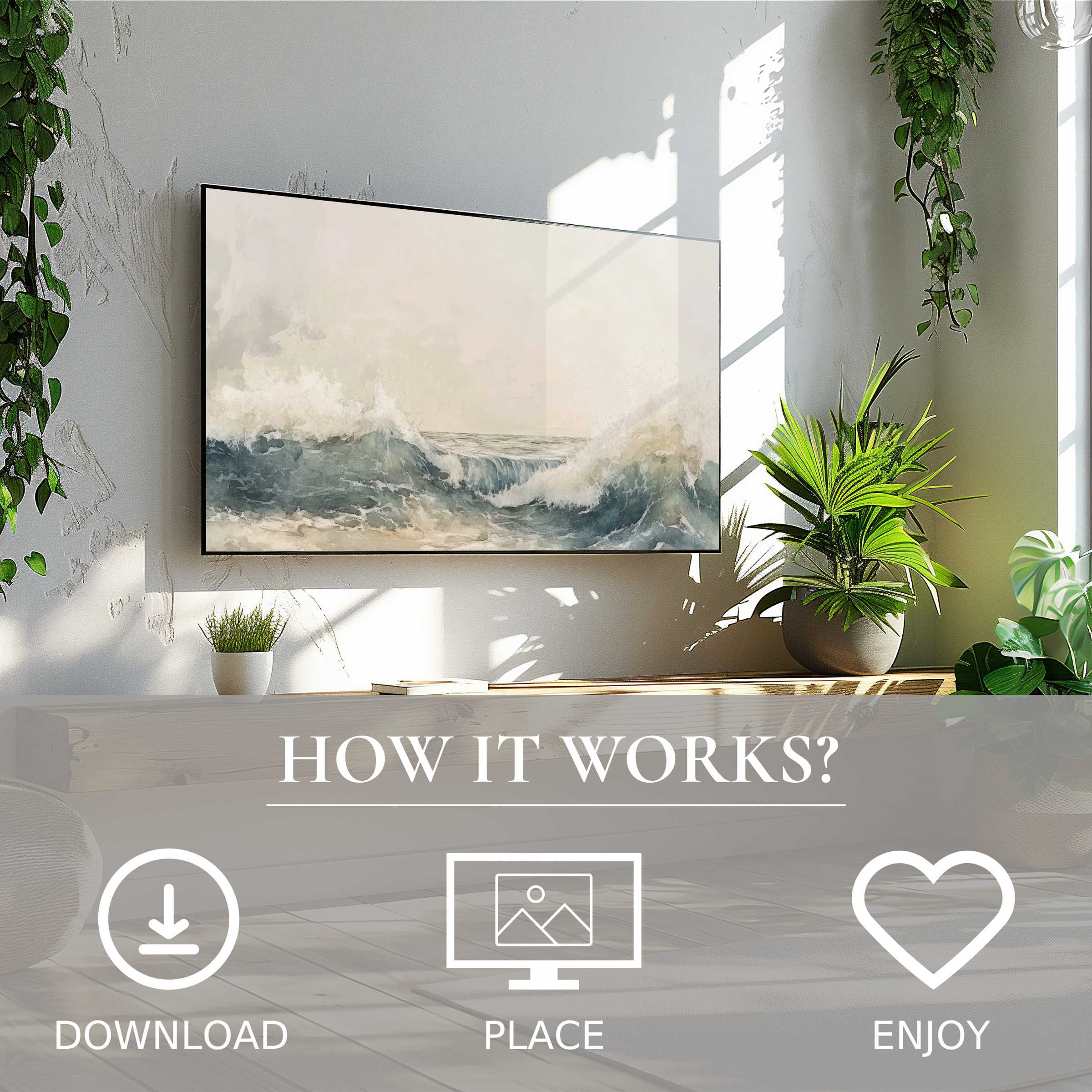 Summer art for Samsung TV shows soft sea wave tones enriching bright, minimal living spaces via instant digital download