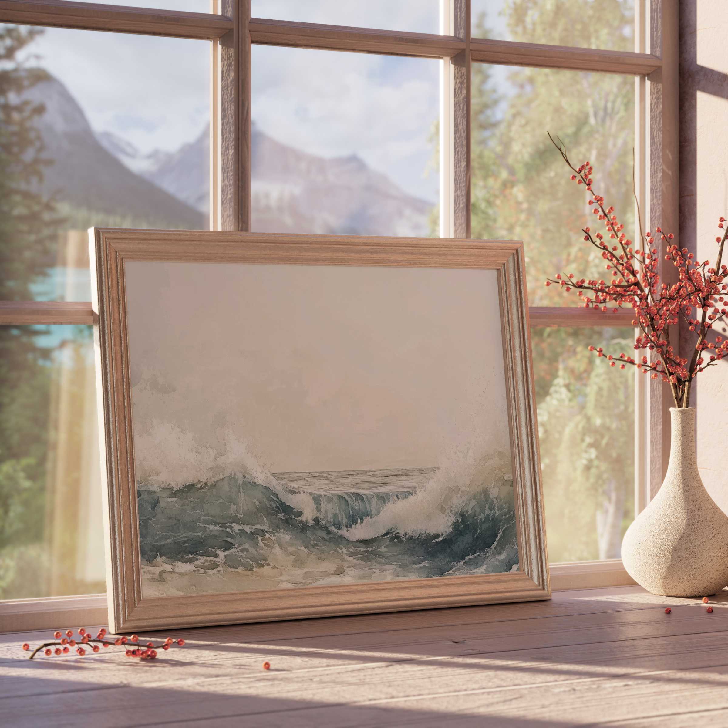 Summer downloadable art capturing serene ocean waves, enhancing calm, curated interiors with timeless coastal elegance and tranquil vibes