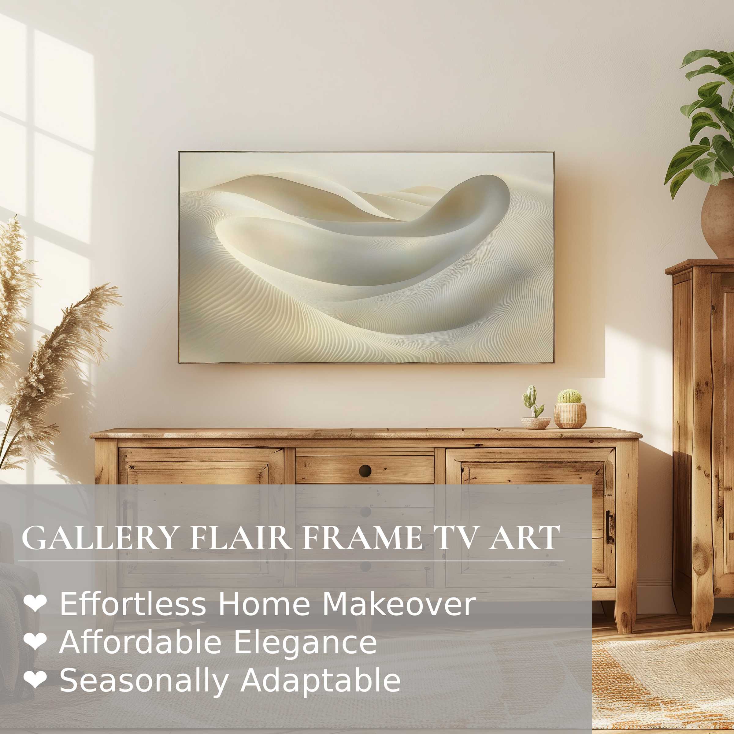 Samsung Frame TV displays neutral digital artwork of soft sand dunes in a modern, warm wood setting