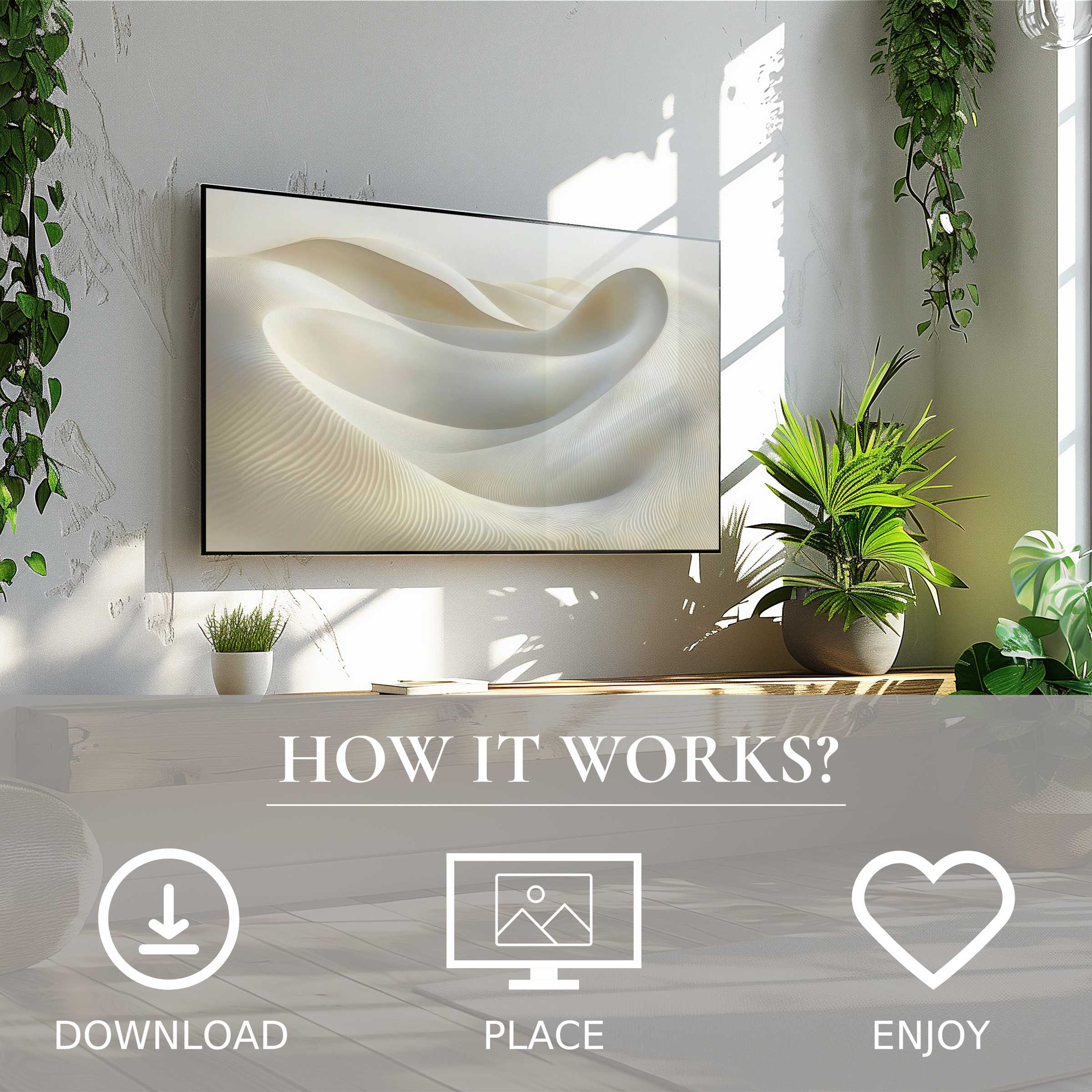 Neutral art for Samsung TV shows soft sand dune curves, easy digital download adds calm to modern living spaces