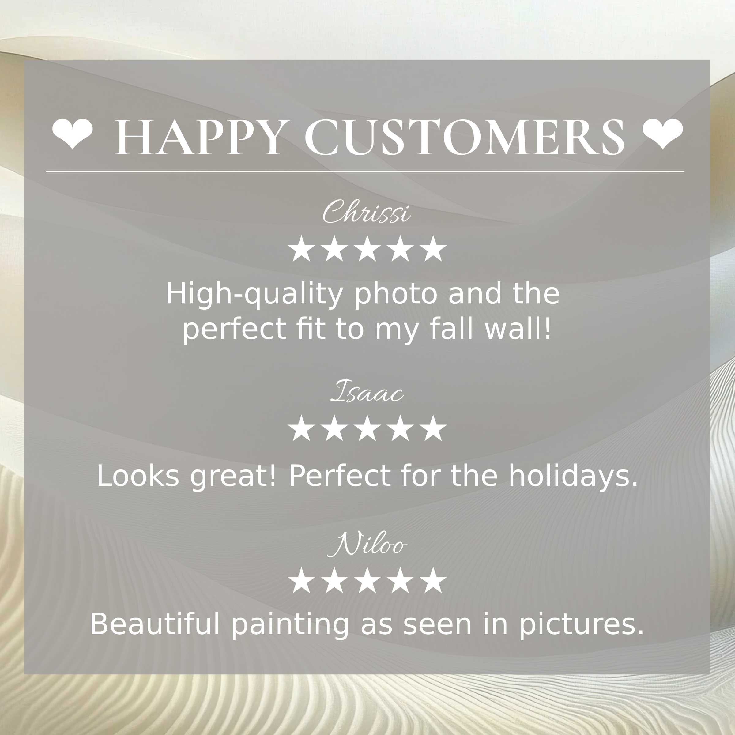 Positive happy customer reviews over subtle neutral art for Frame TV with soft sand dune textures build trust and elegance
