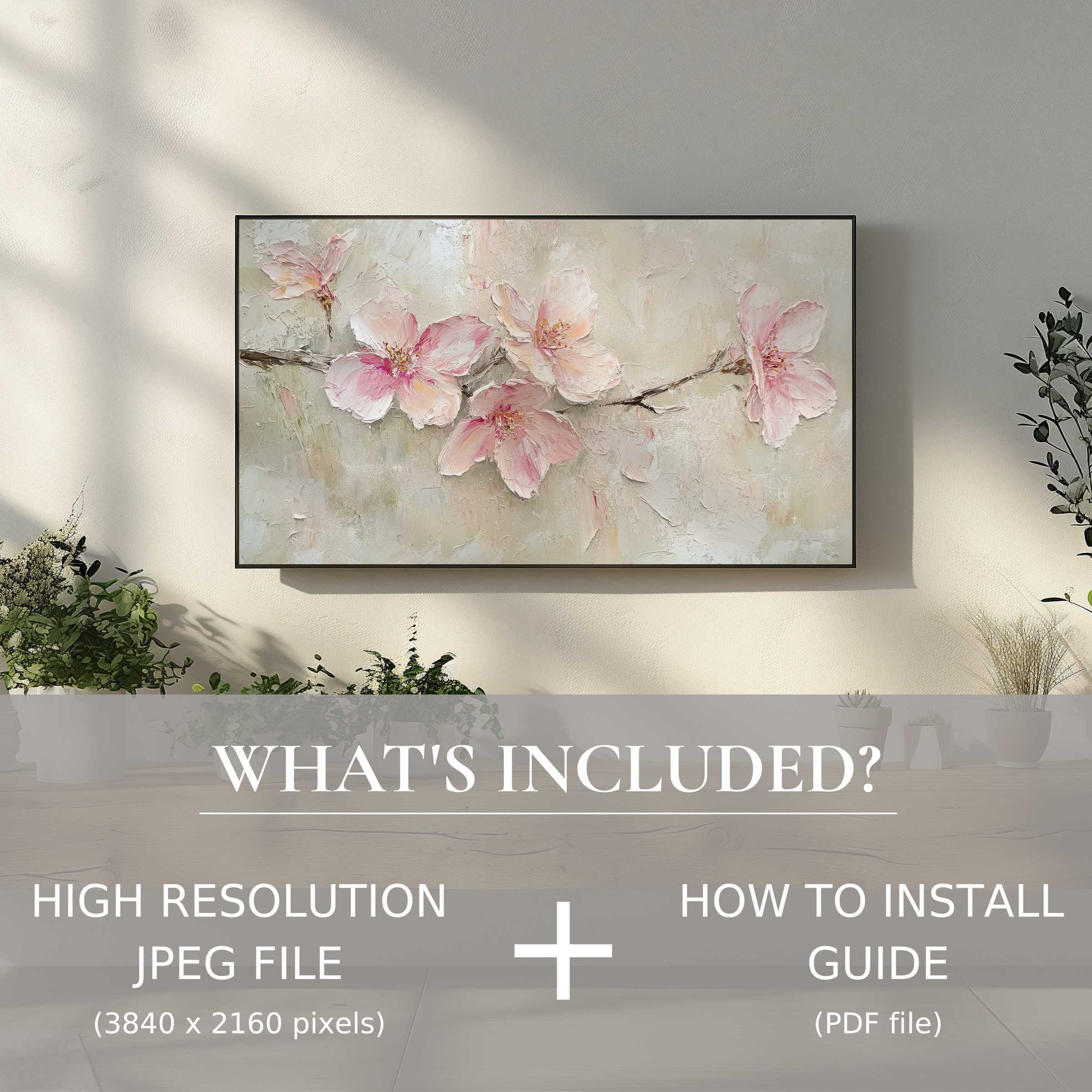 Elegant spring digital TV art download features soft pink blossoms, enhancing modern spaces with effortless digital style