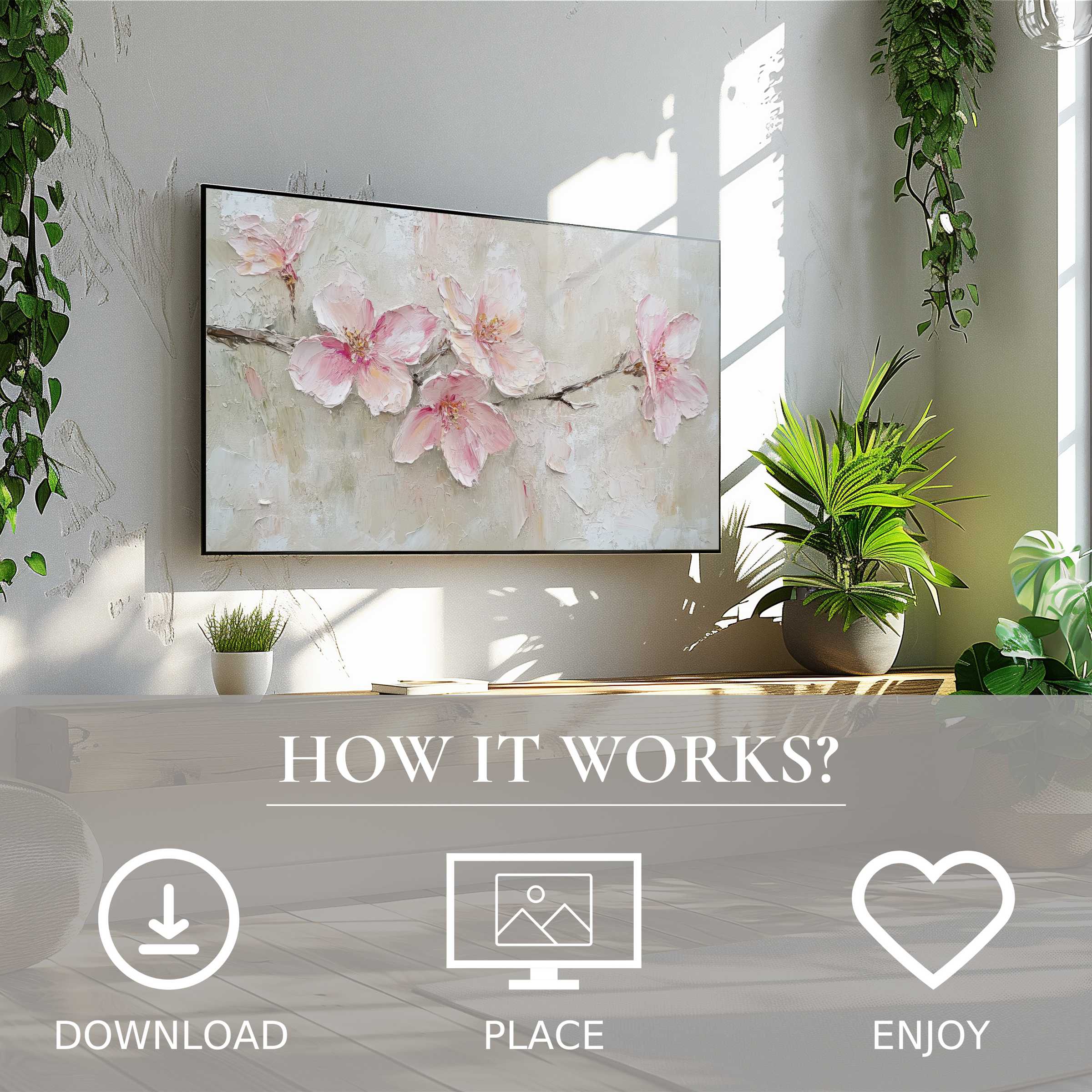 Spring art for Samsung TV shows soft pink blossoms; easy digital download enriches bright, modern living spaces with style
