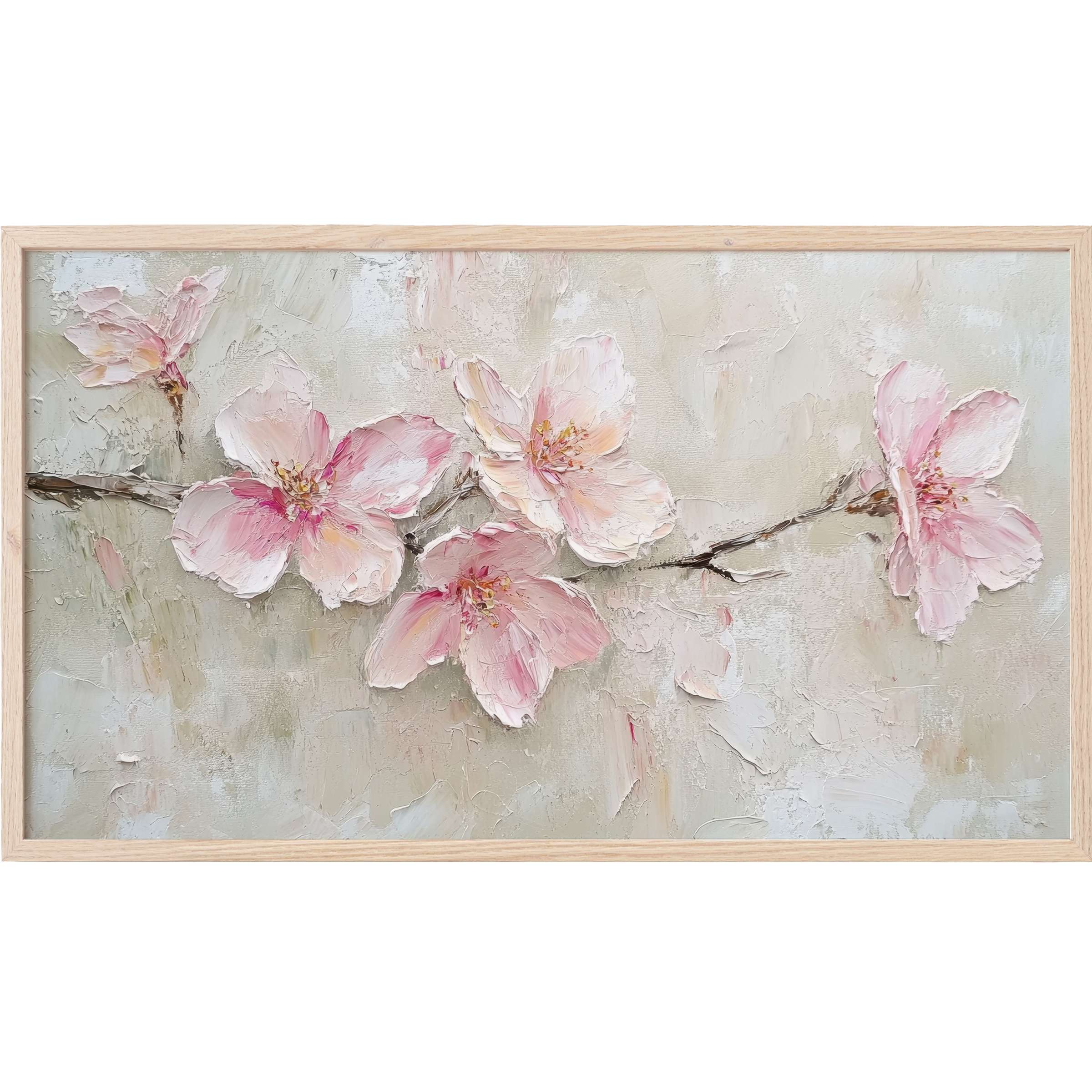 Elegant spring Frame TV Art with textured pink blossoms on muted beige background, perfect for modern decor