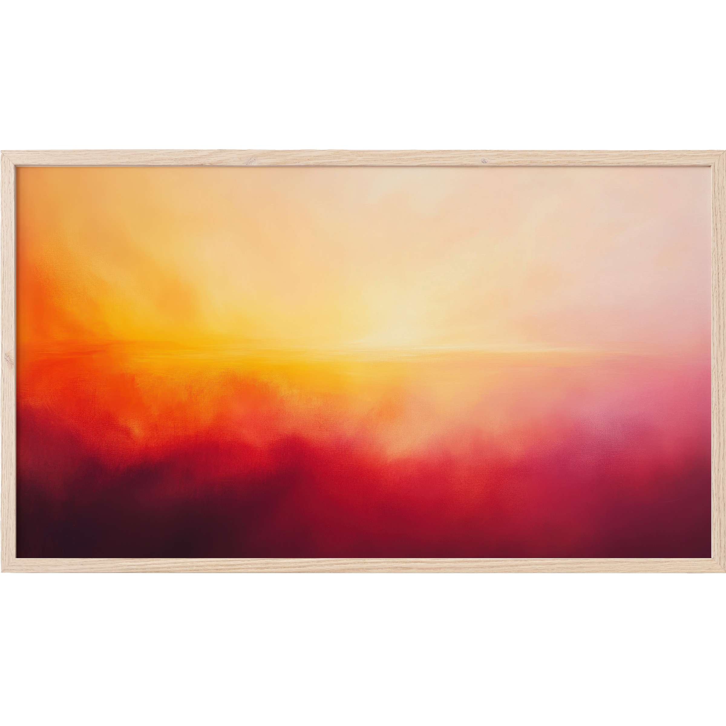 Abstract Frame TV Art with warm gradients of fiery reds, oranges, and soft yellows in a serene, modern haze