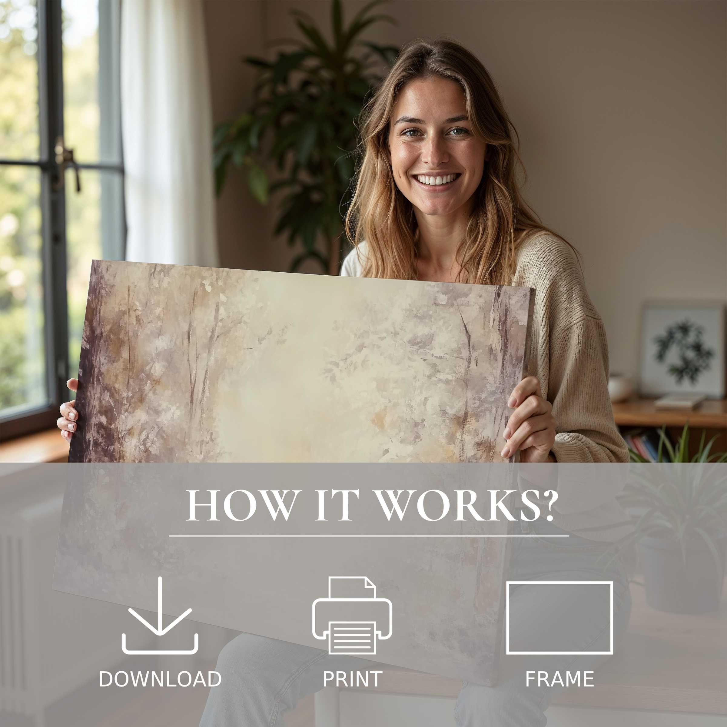 Fall digital art print radiates calm joy as a woman embraces the effortless beauty of art in her chic, sunlit home