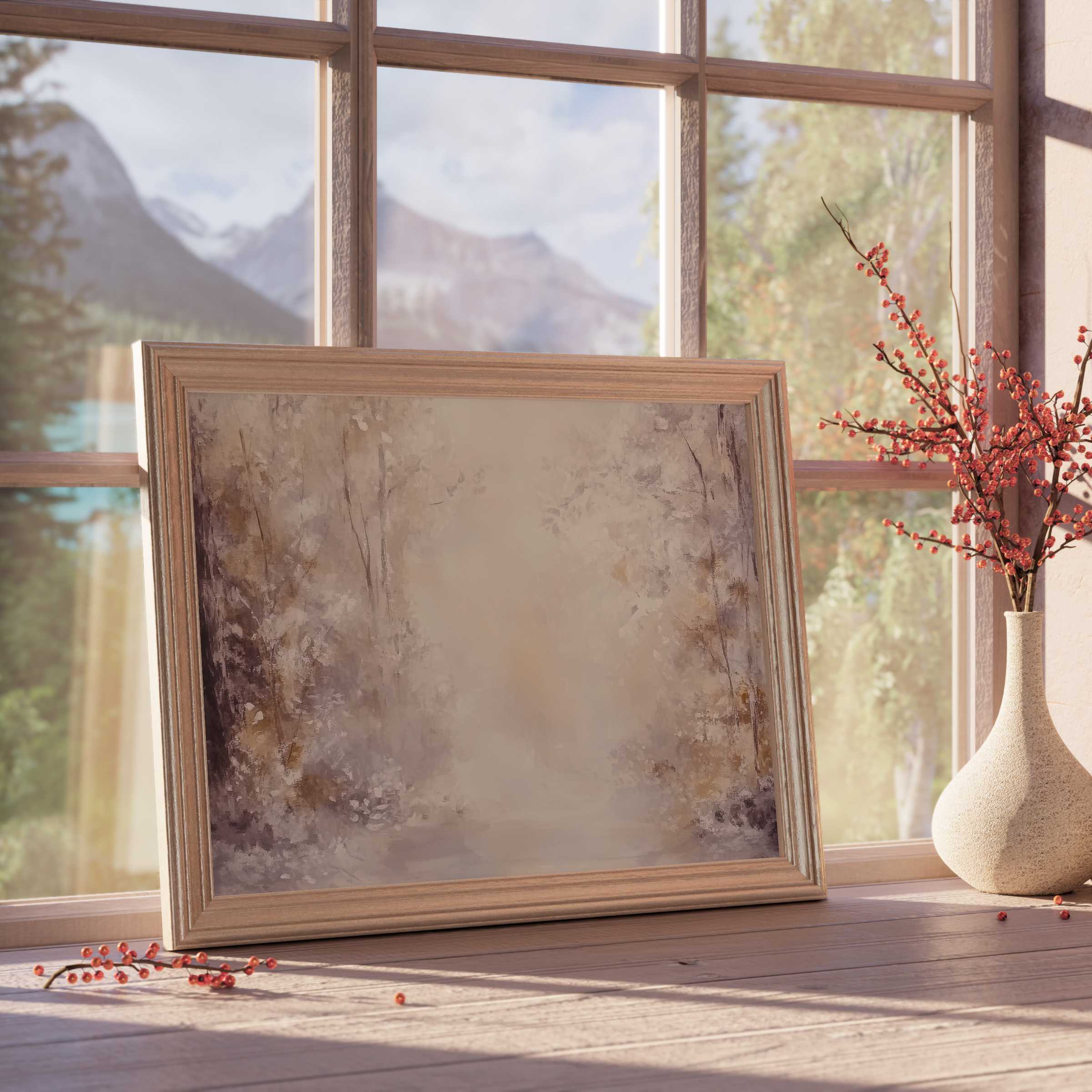 Serene fall downloadable art in muted earth tones, elevating tranquil, curated interiors with soft autumnal charm and modern elegance