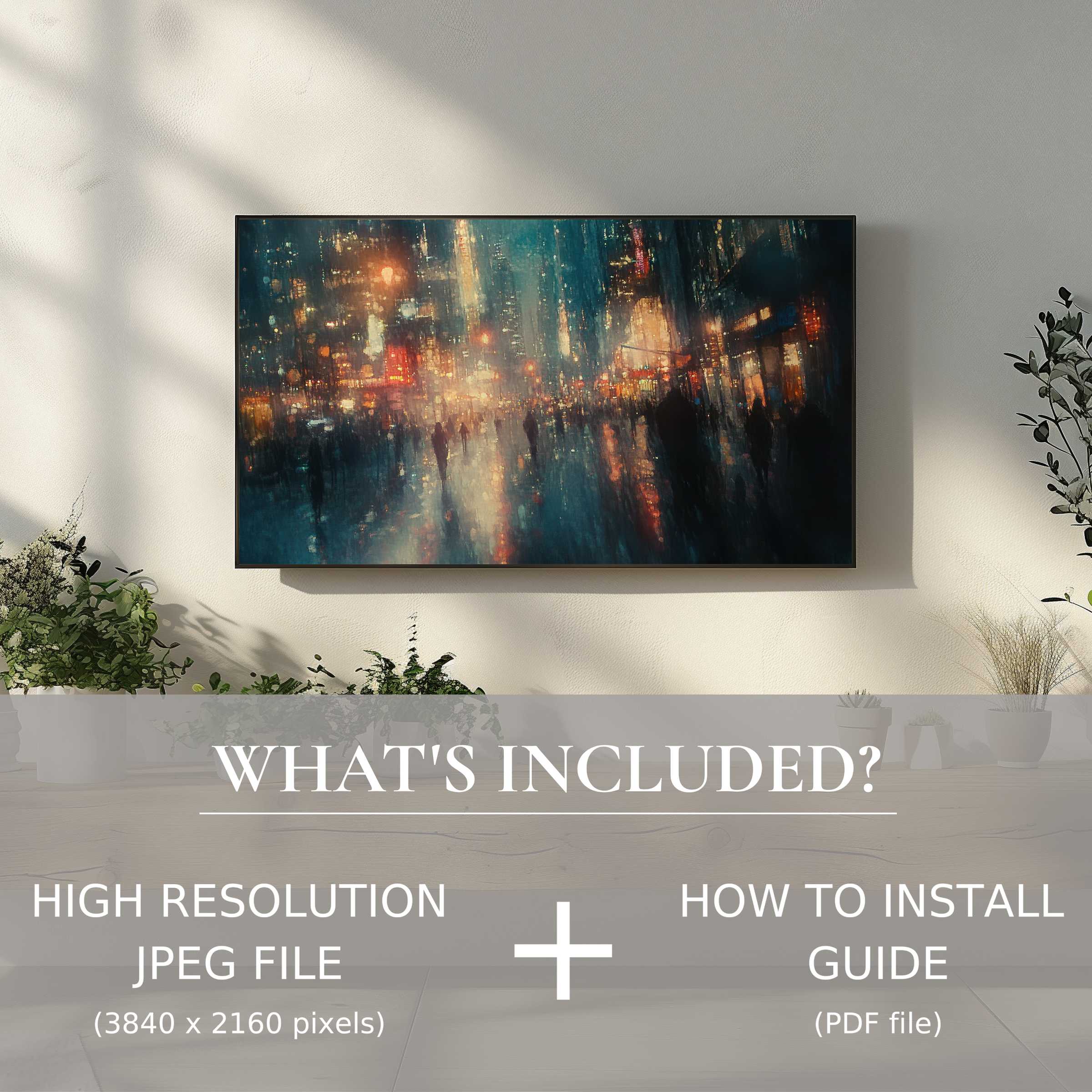 Elegant urban digital TV art download enhances modern living spaces with easy high-res file use and installation guide