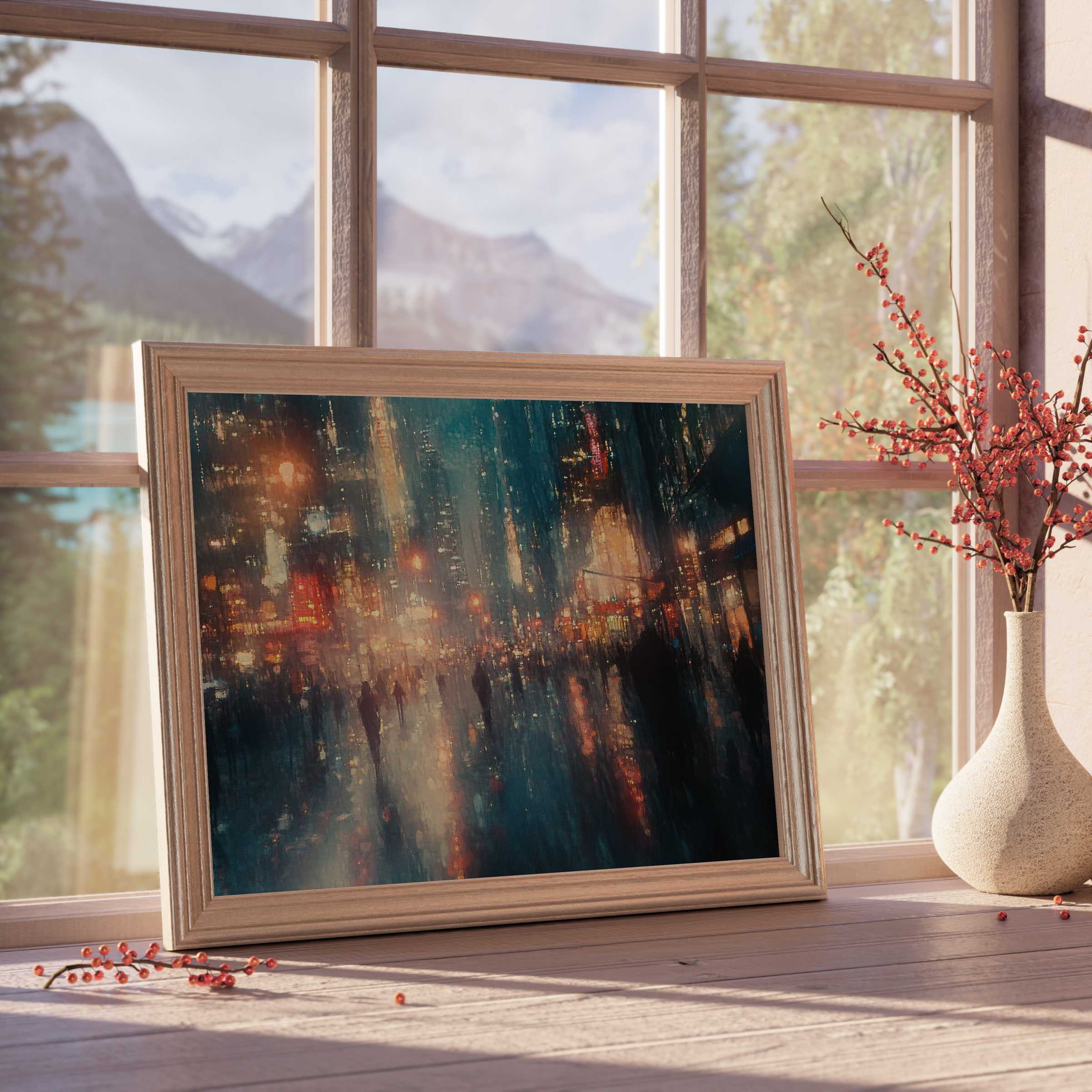 Moody urban downloadable art capturing rainy city nights with glowing lights and blurred silhouettes, perfect for serene, stylish interiors