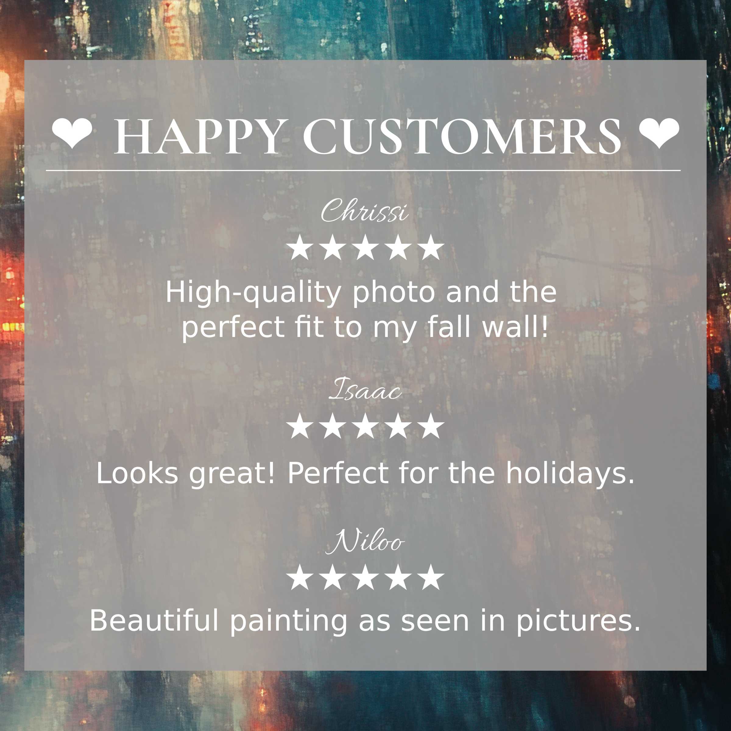 Urban art for Frame TV with abstract cityscape tones, highlighting happy customer reviews and refined product appeal