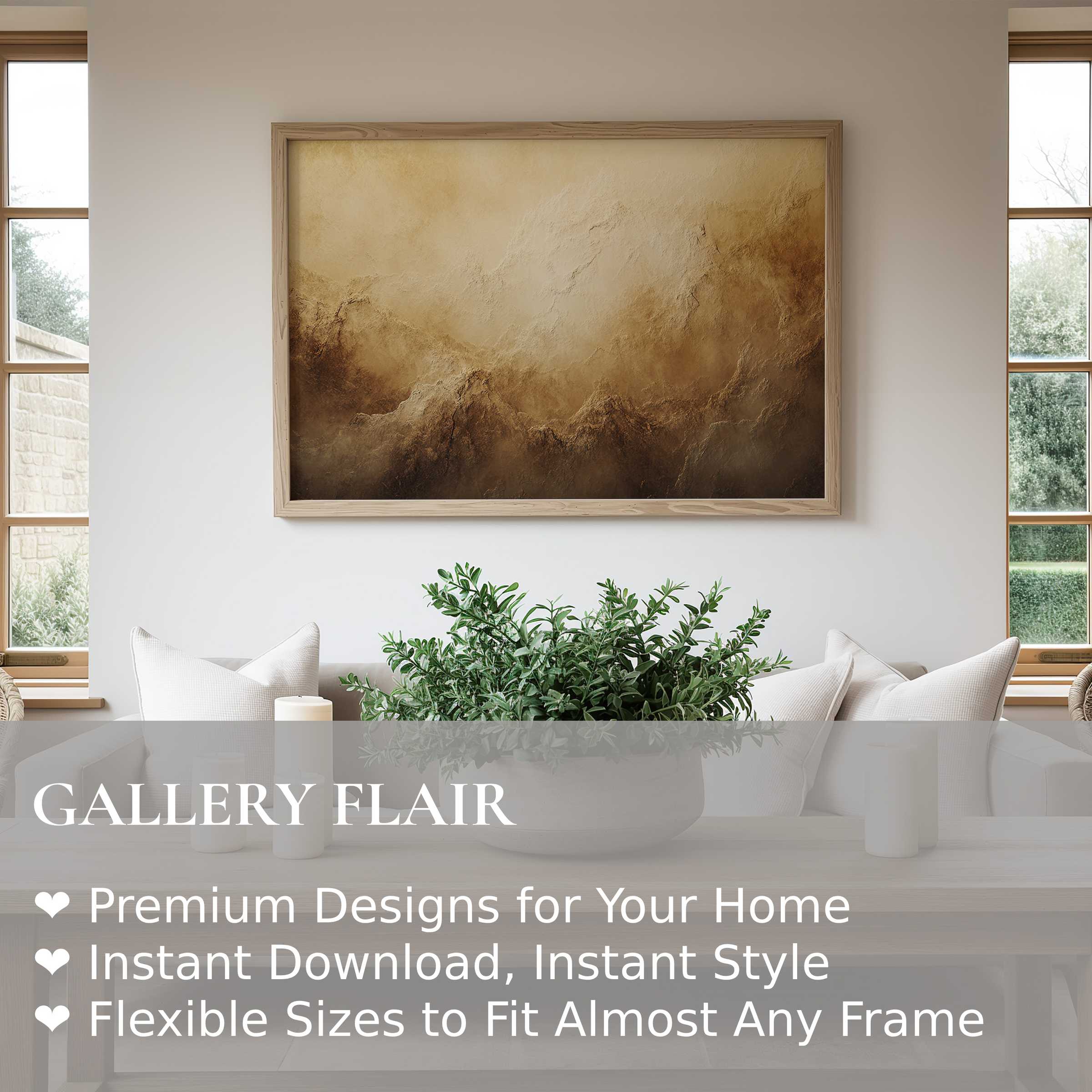Elegant landscape wall art print in warm sepia tones, radiating a calming, earthy ambiance Perfect for modern minimalist interiors, it enhances living spaces with subtle texture and organic sophistication
